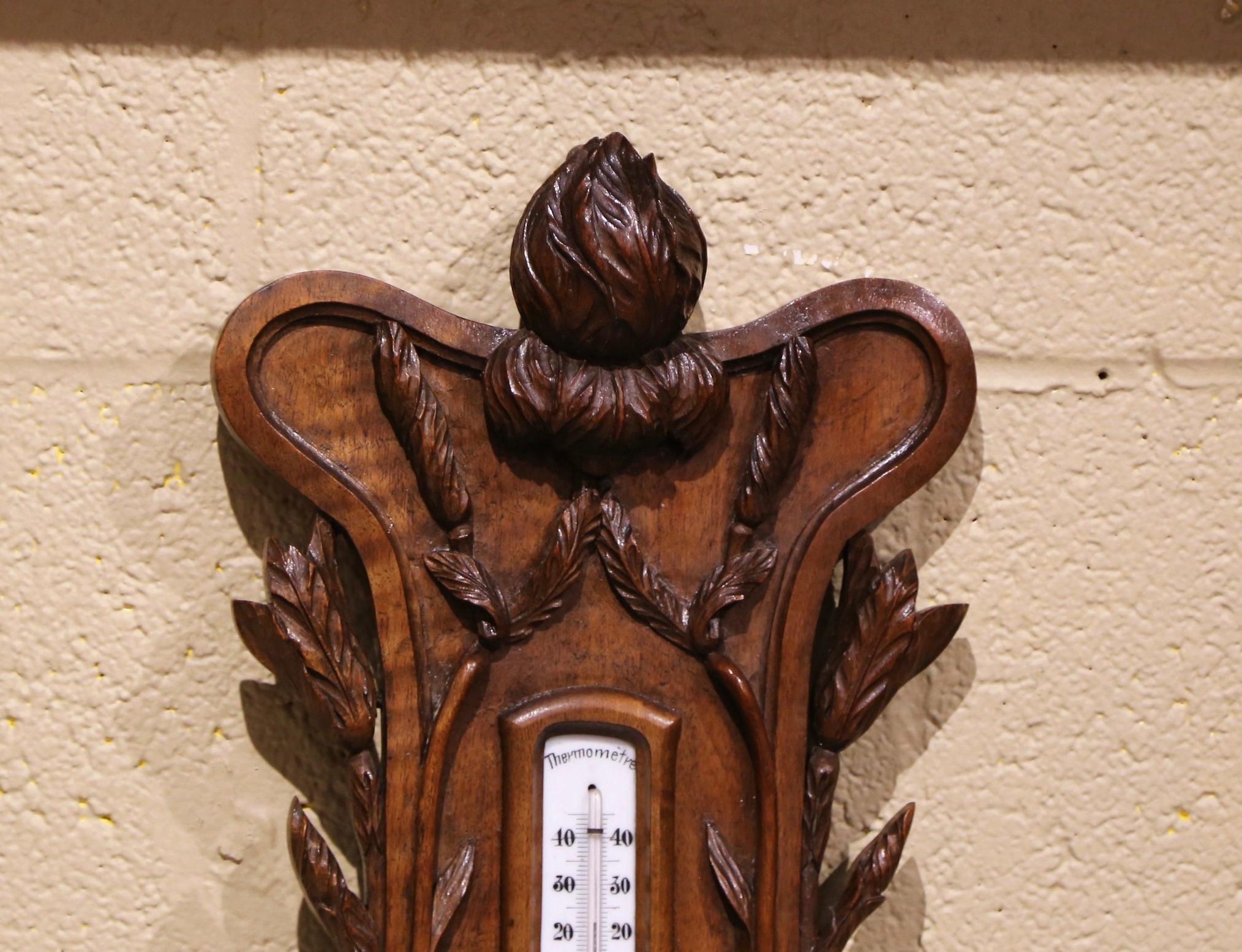 19th Century French Black Forest Carved Walnut Barometer with Foliage Decor In Excellent Condition In Dallas, TX