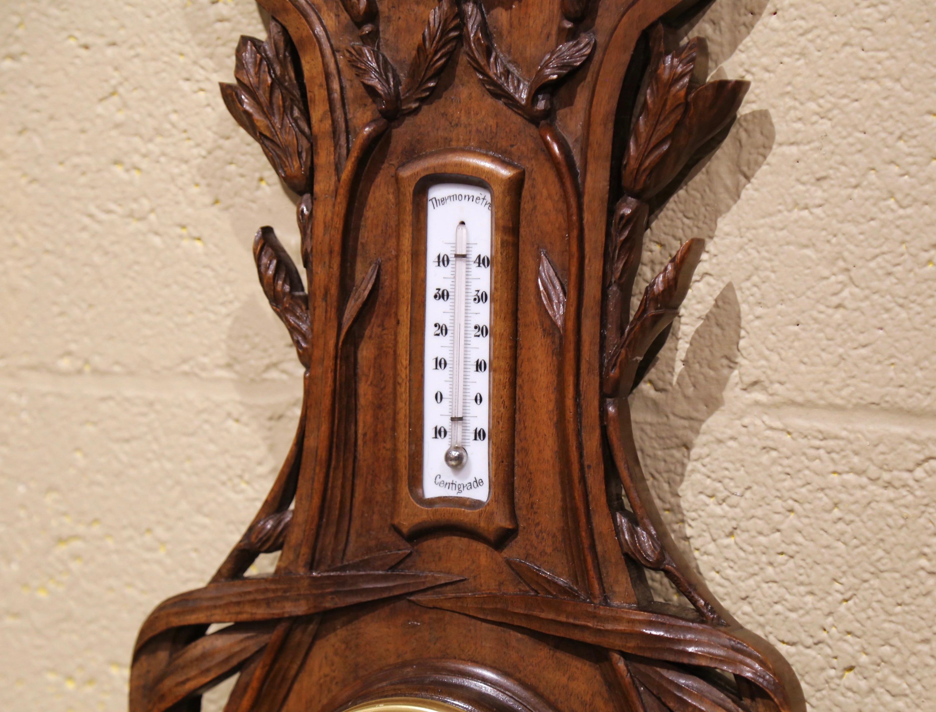 19th Century French Black Forest Carved Walnut Barometer with Foliage Decor 1