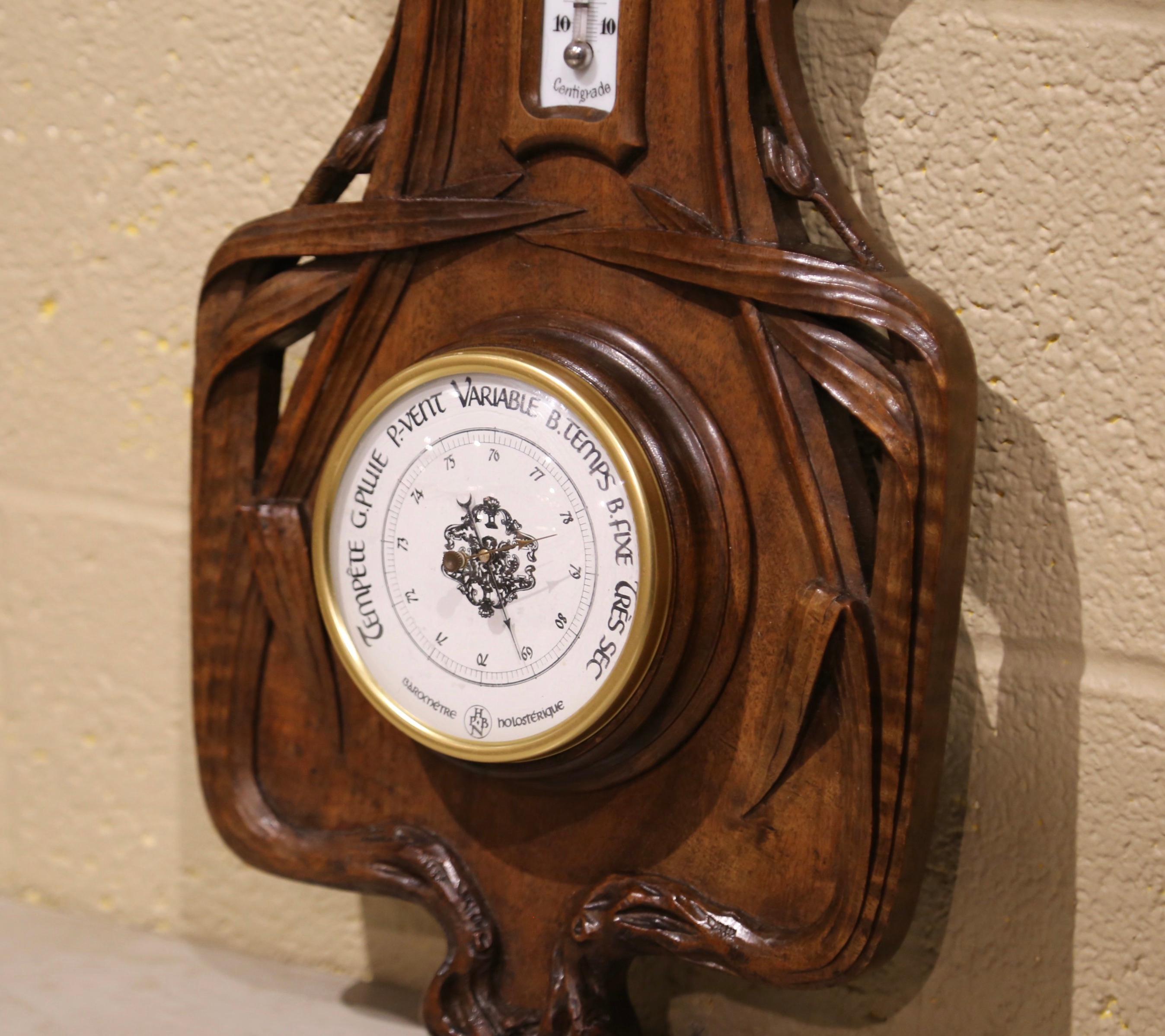 19th Century French Black Forest Carved Walnut Barometer with Foliage Decor 2