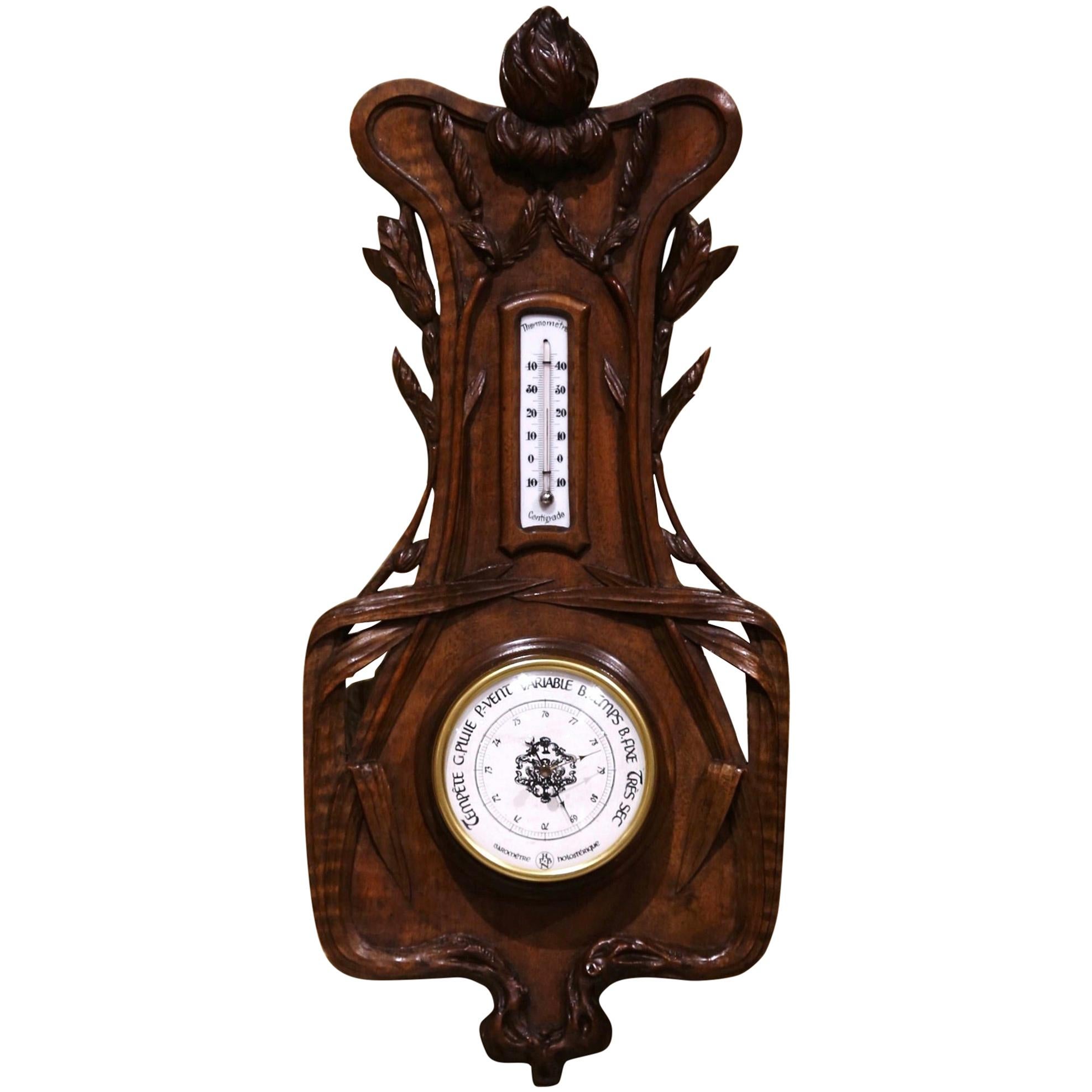 19th Century French Black Forest Carved Walnut Barometer with Foliage Decor