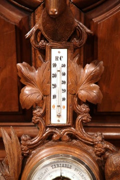 19th Century French Black Forest Carved Walnut Barometer with Hunt Decor