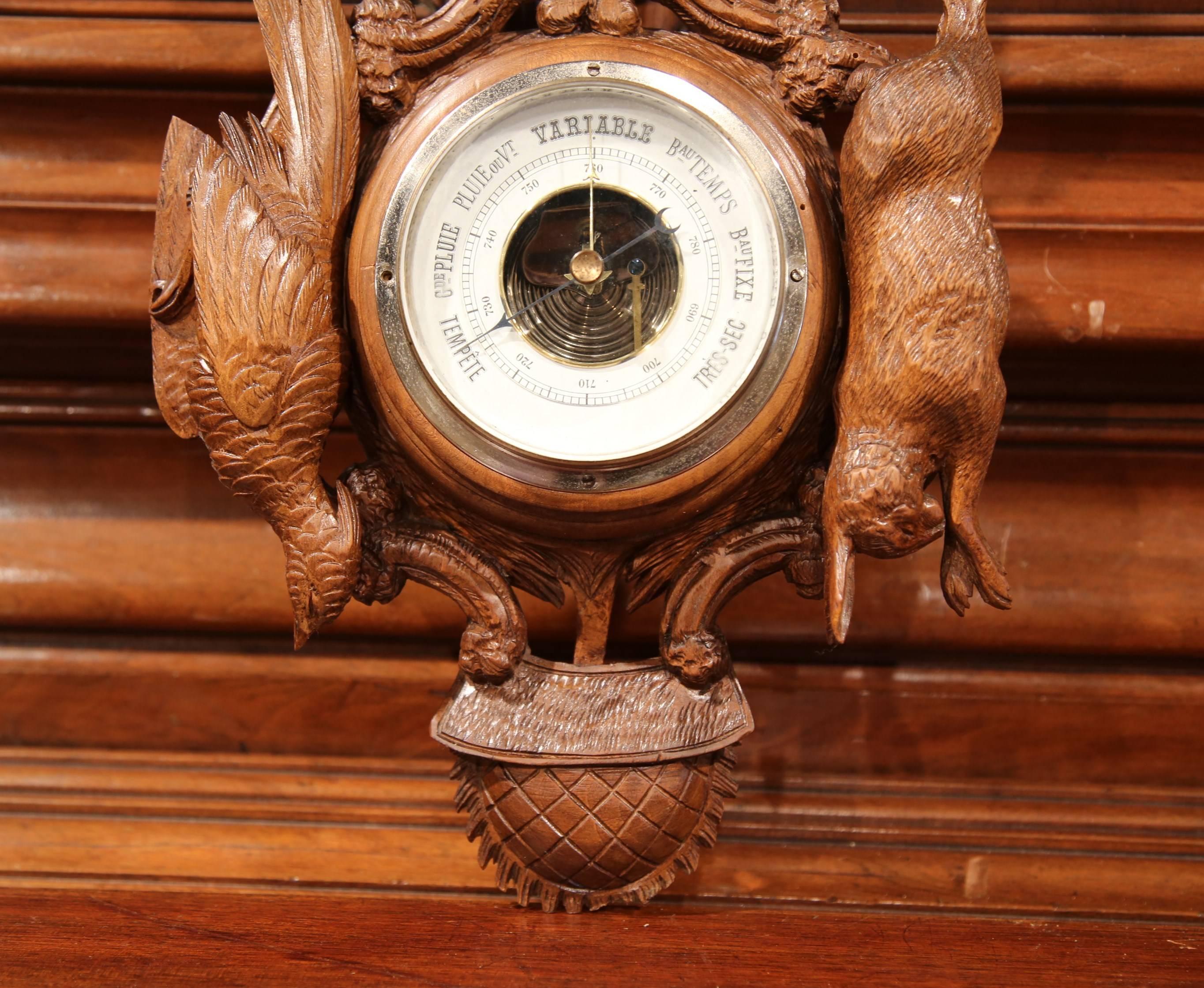 Patinated 19th Century French Black Forest Carved Walnut Barometer with Hunt Decor