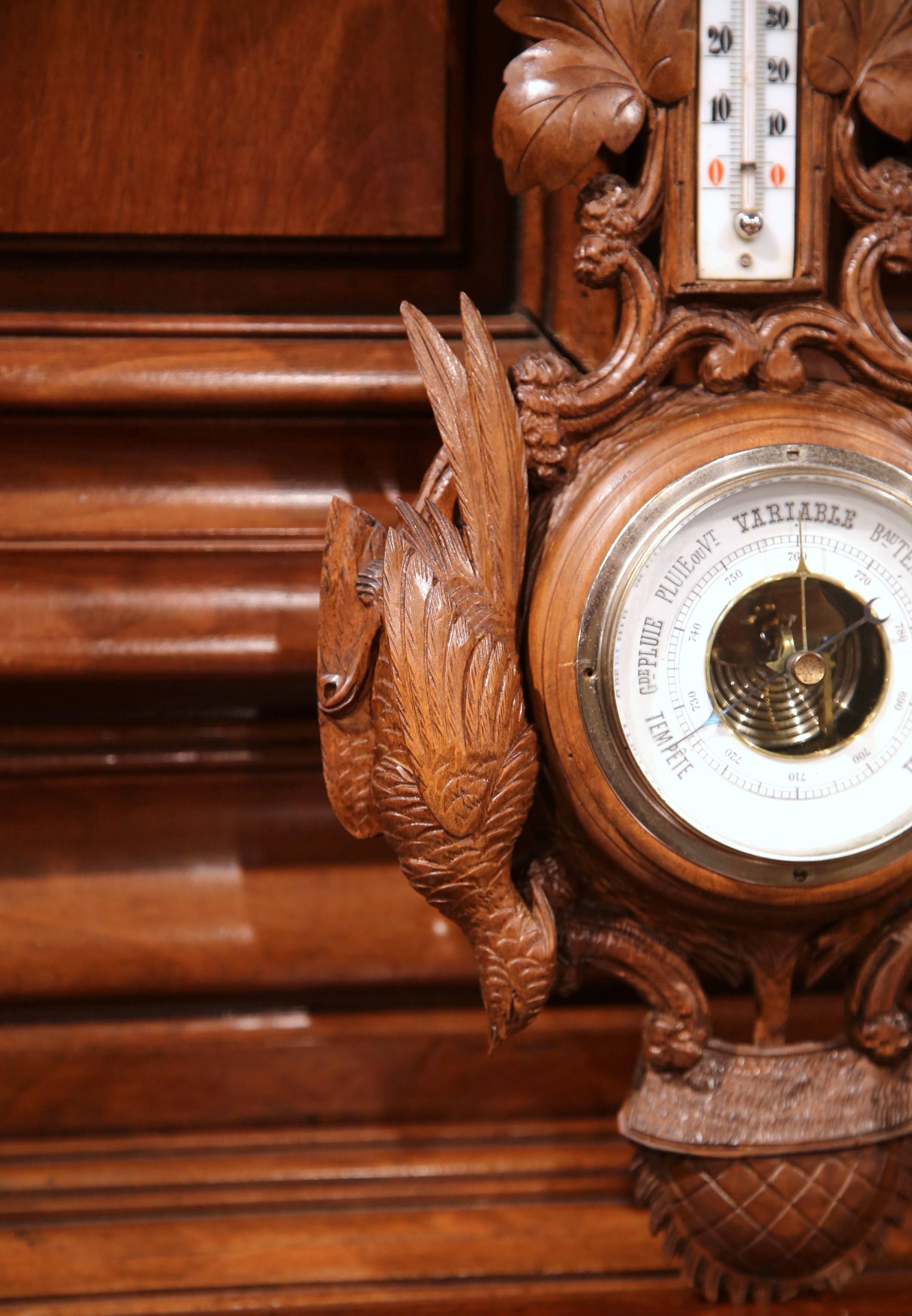 19th Century French Black Forest Carved Walnut Barometer with Hunt Decor In Excellent Condition In Dallas, TX