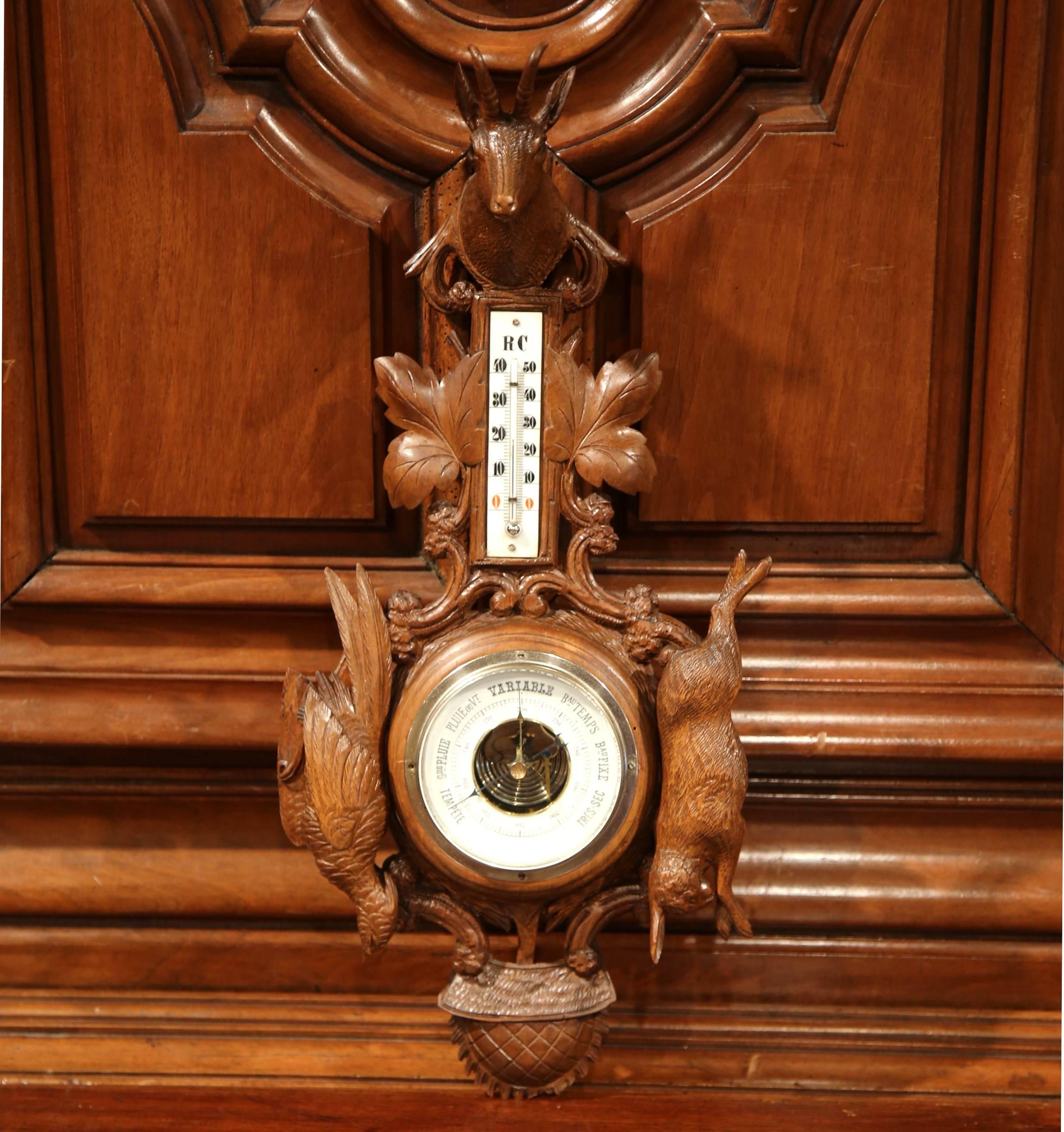 19th Century French Black Forest Carved Walnut Barometer with Hunt Decor 1