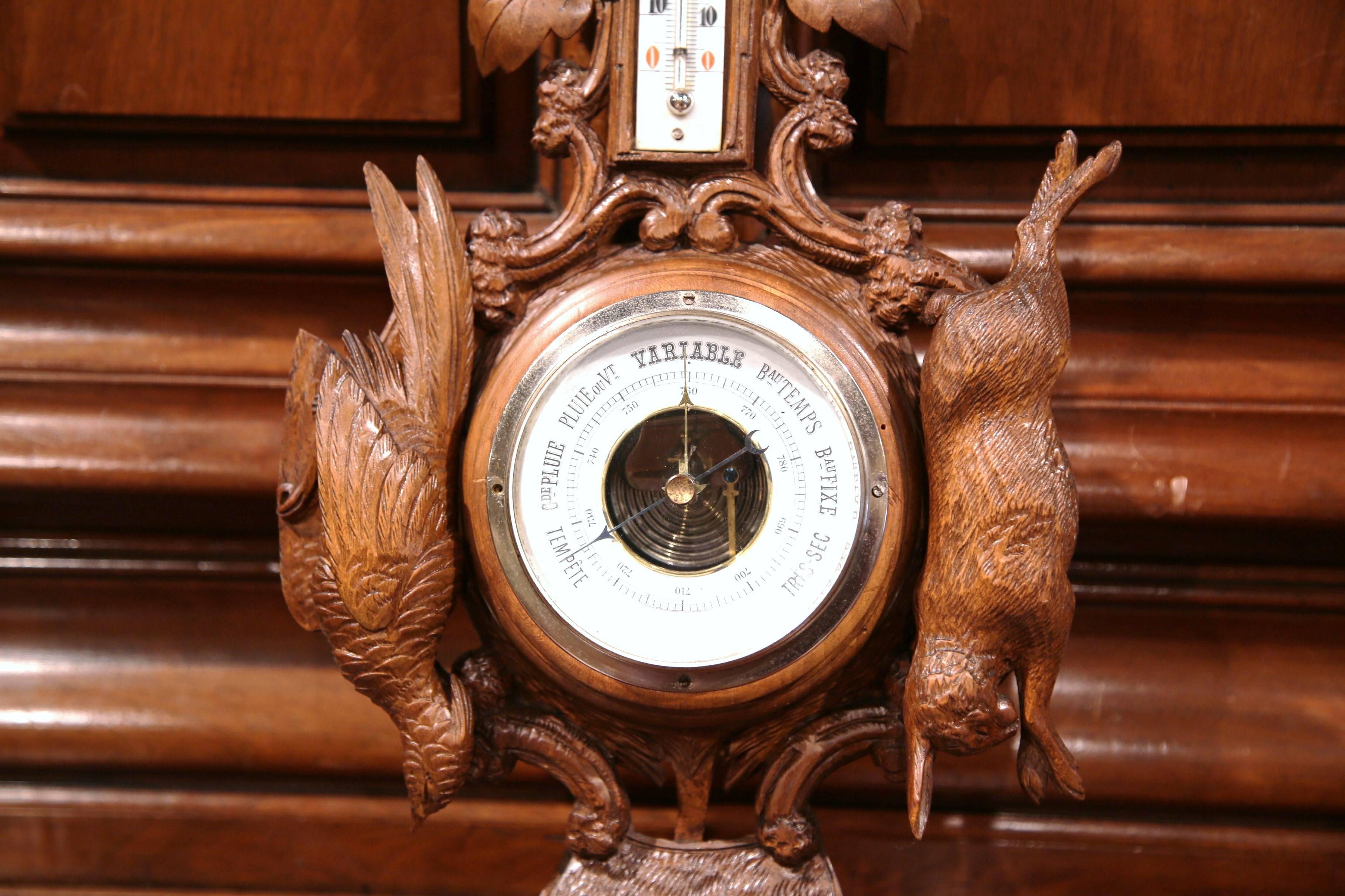 19th Century French Black Forest Carved Walnut Barometer with Hunt Decor 2