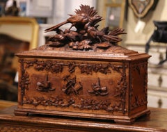 19th Century French Black Forest Carved Walnut Box with Bird Decor