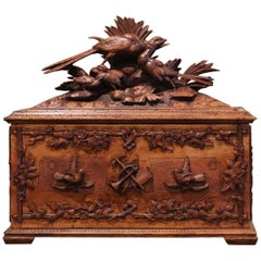 19th Century French Black Forest Carved Walnut Box with Bird Decor