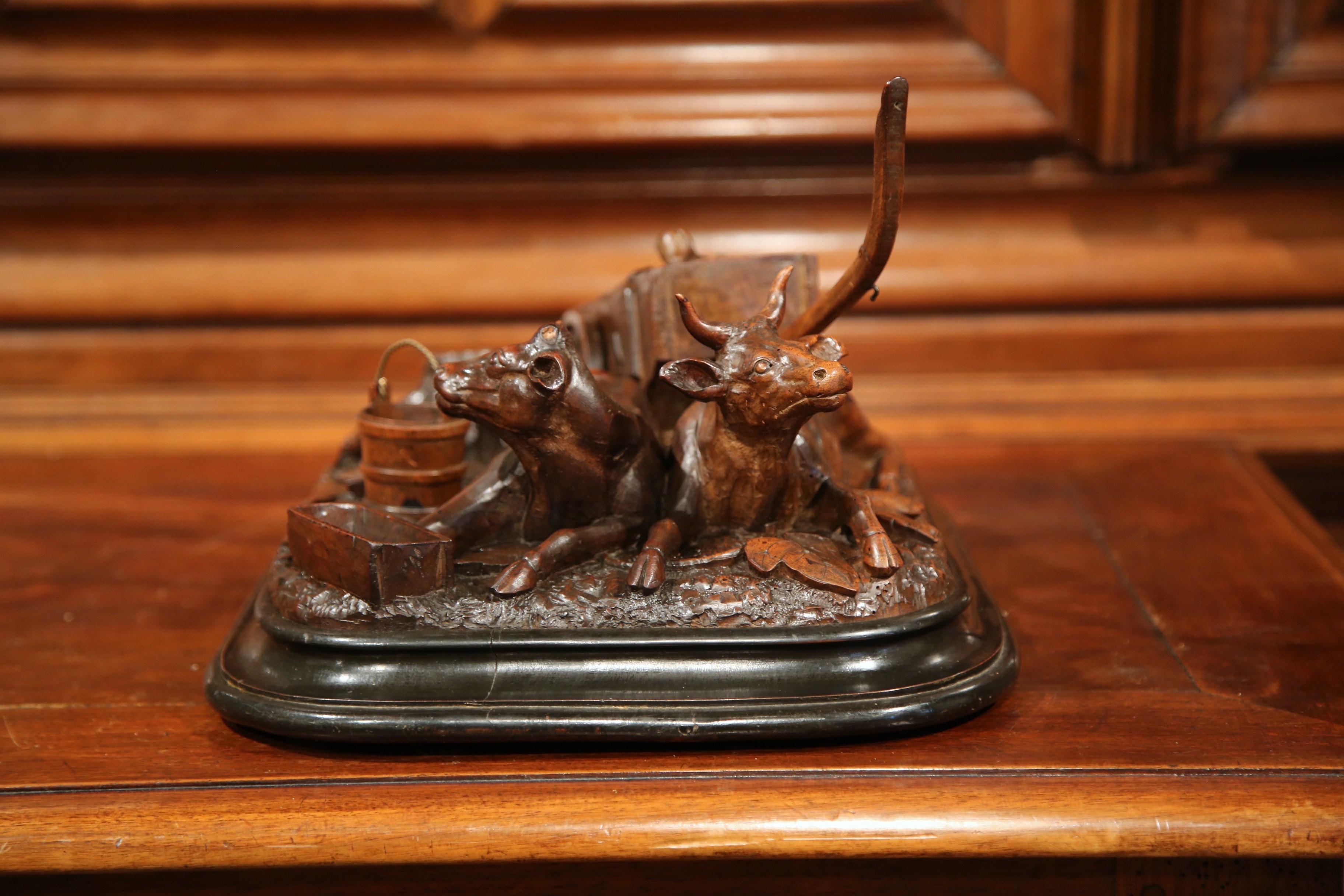 Patinated 19th Century French Black Forest Carved Walnut Cow Sculpture Composition For Sale