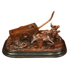 19th Century French Black Forest Carved Walnut Cow Sculpture Composition