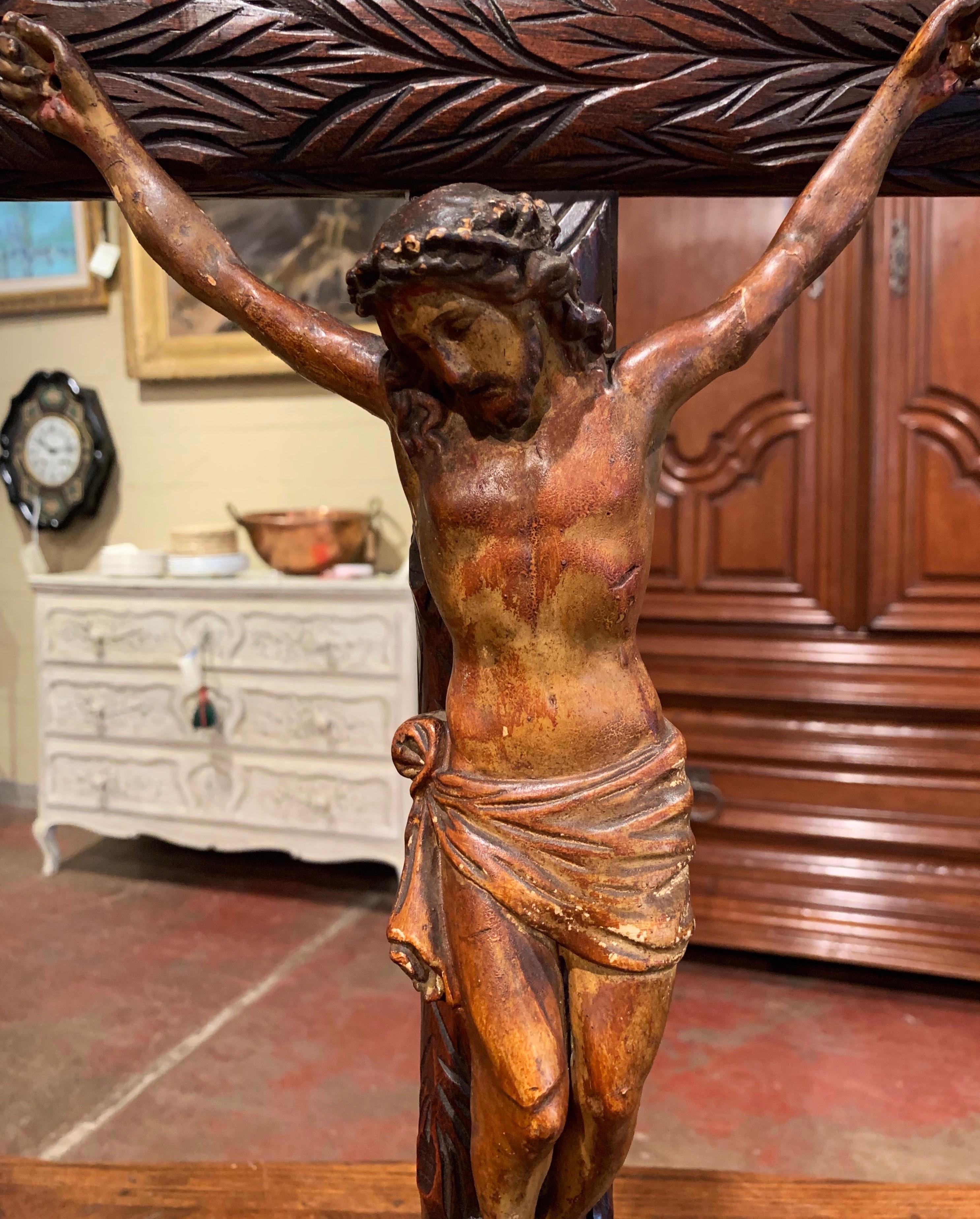 Patinated 19th Century French Black Forest Carved Walnut Crucifix with Jesus Christ