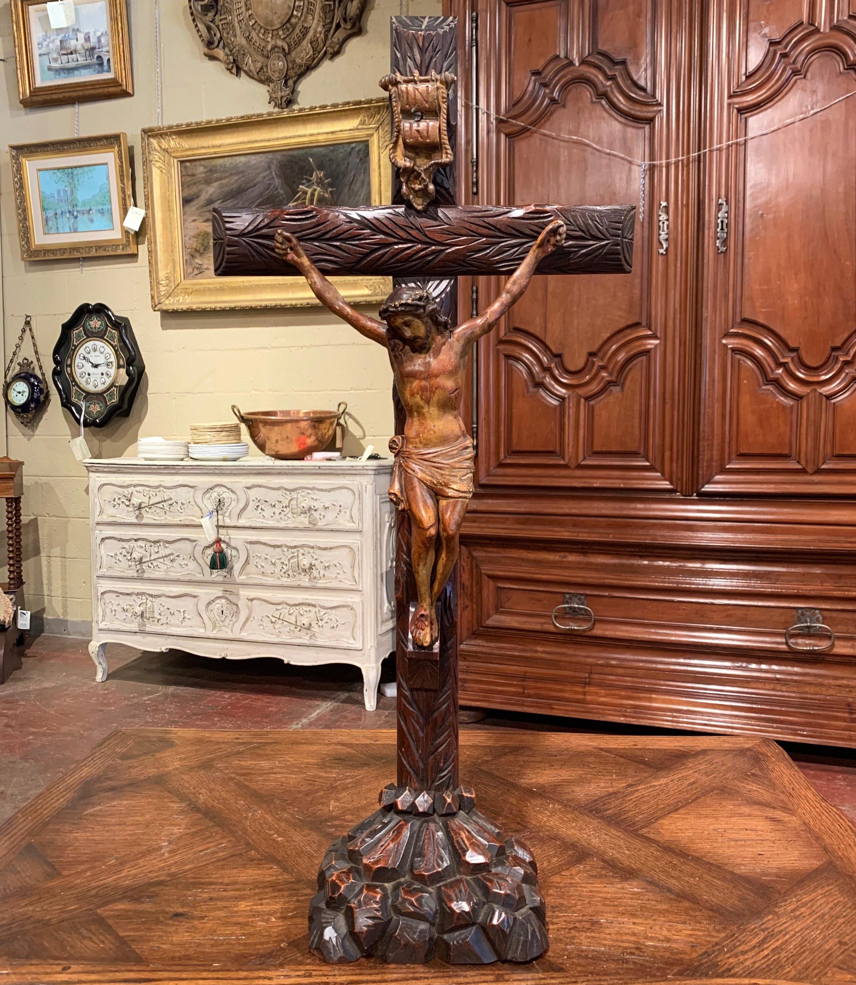 19th Century French Black Forest Carved Walnut Crucifix with Jesus Christ In Excellent Condition In Dallas, TX