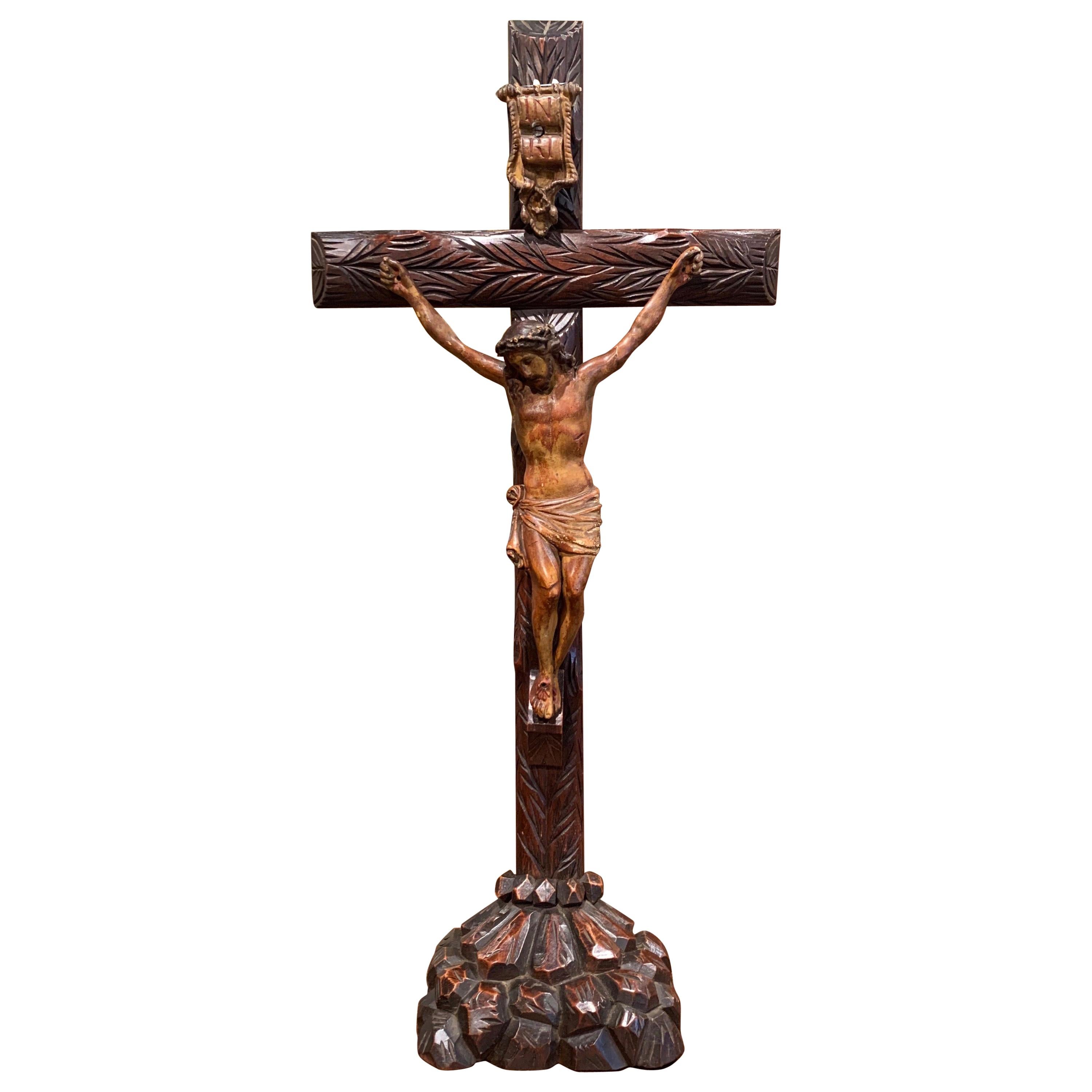 19th Century French Black Forest Carved Walnut Crucifix with Jesus Christ