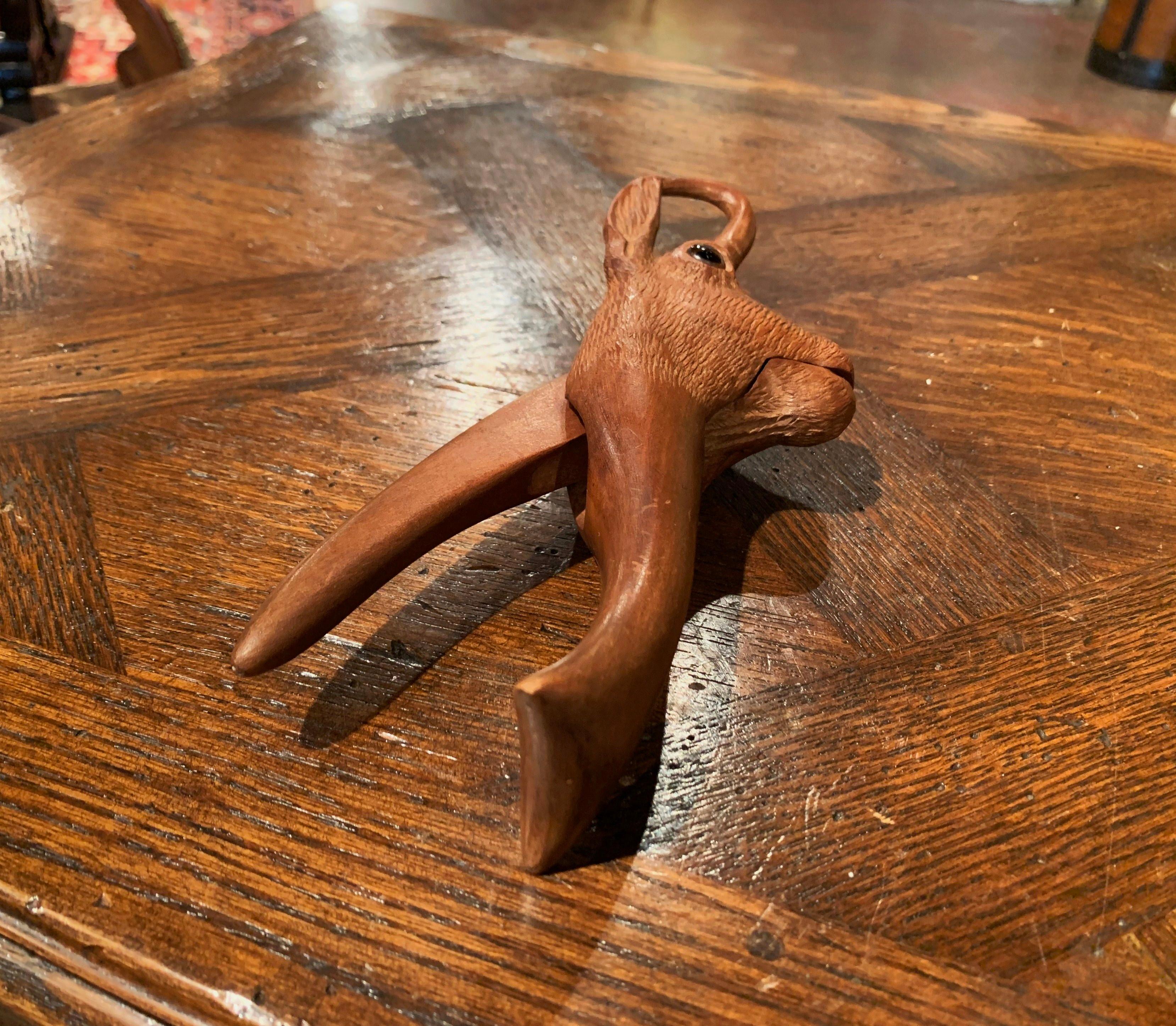 19th Century French Black Forest Carved Walnut Deer Nut Cracker with Glass Eyes In Excellent Condition In Dallas, TX