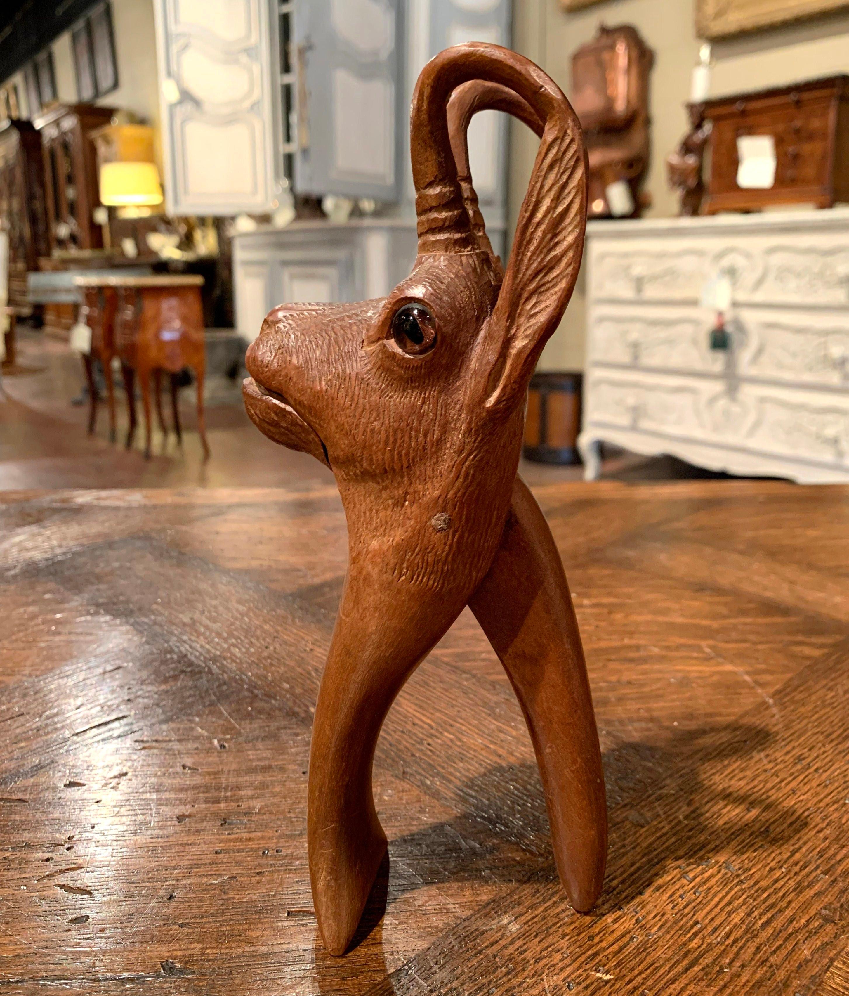19th Century French Black Forest Carved Walnut Deer Nut Cracker with Glass Eyes 1