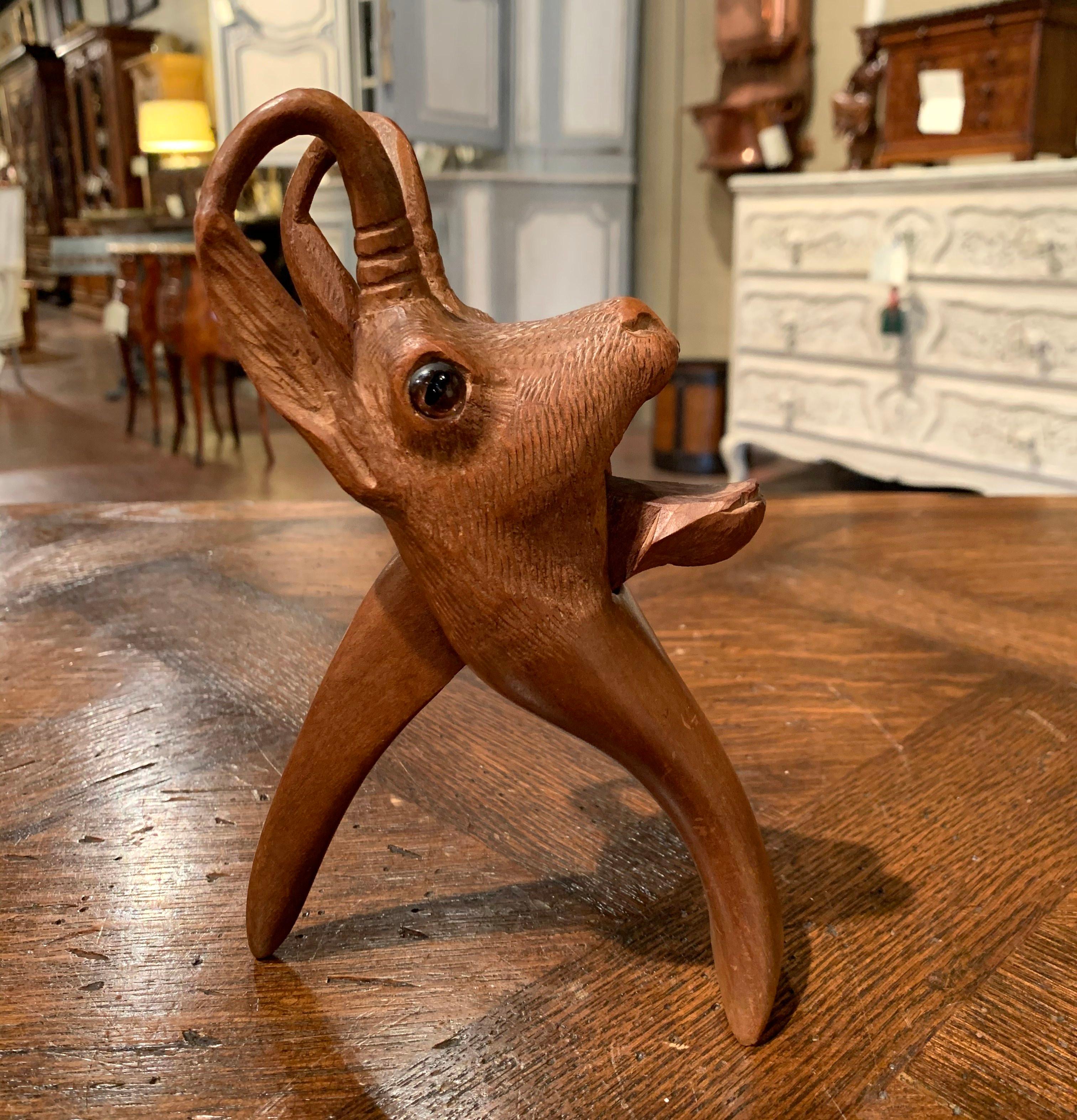 19th Century French Black Forest Carved Walnut Deer Nut Cracker with Glass Eyes 3