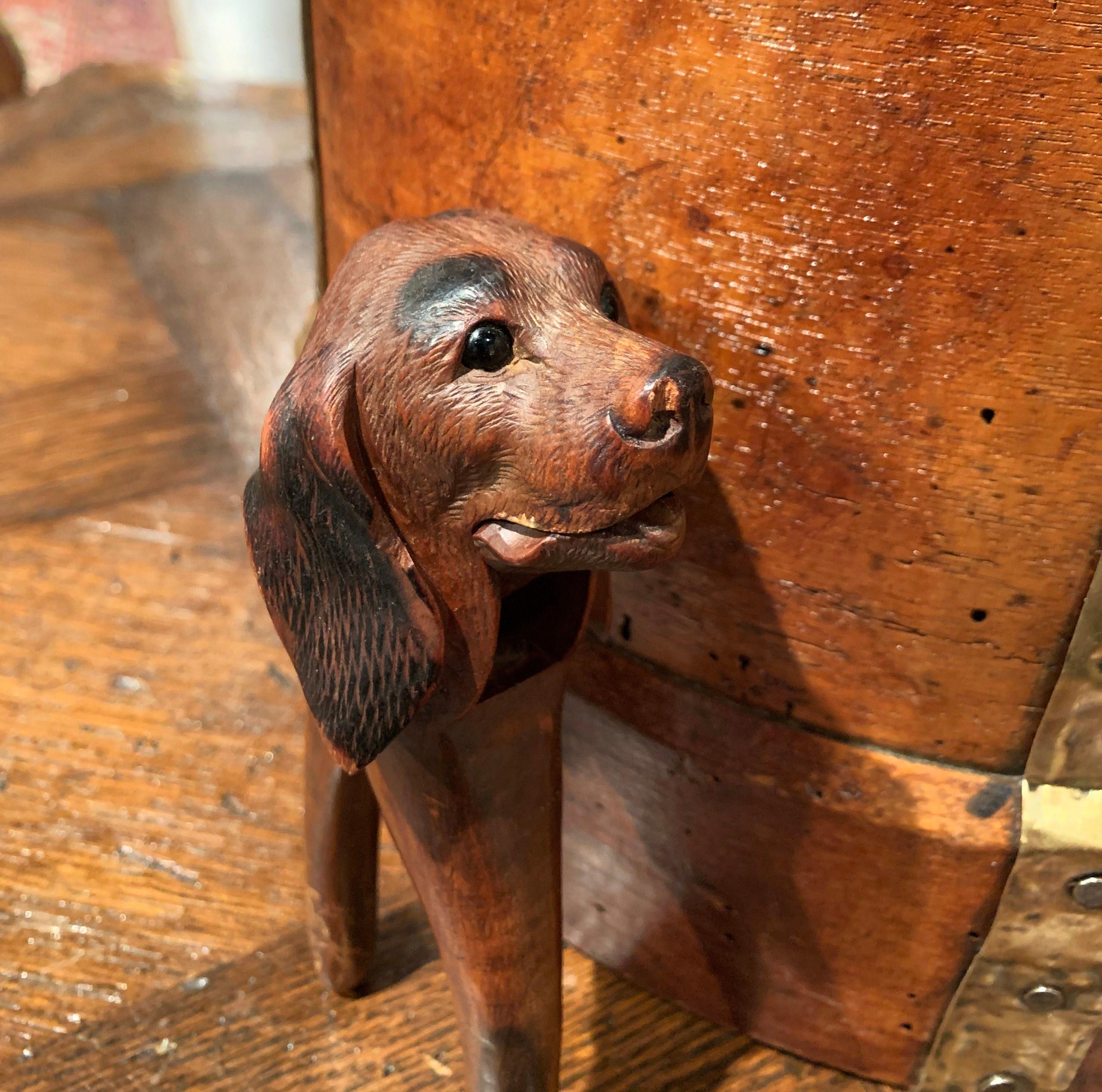 19th Century French Black Forest Carved Walnut Dog Nut Cracker with Glass Eyes In Excellent Condition In Dallas, TX