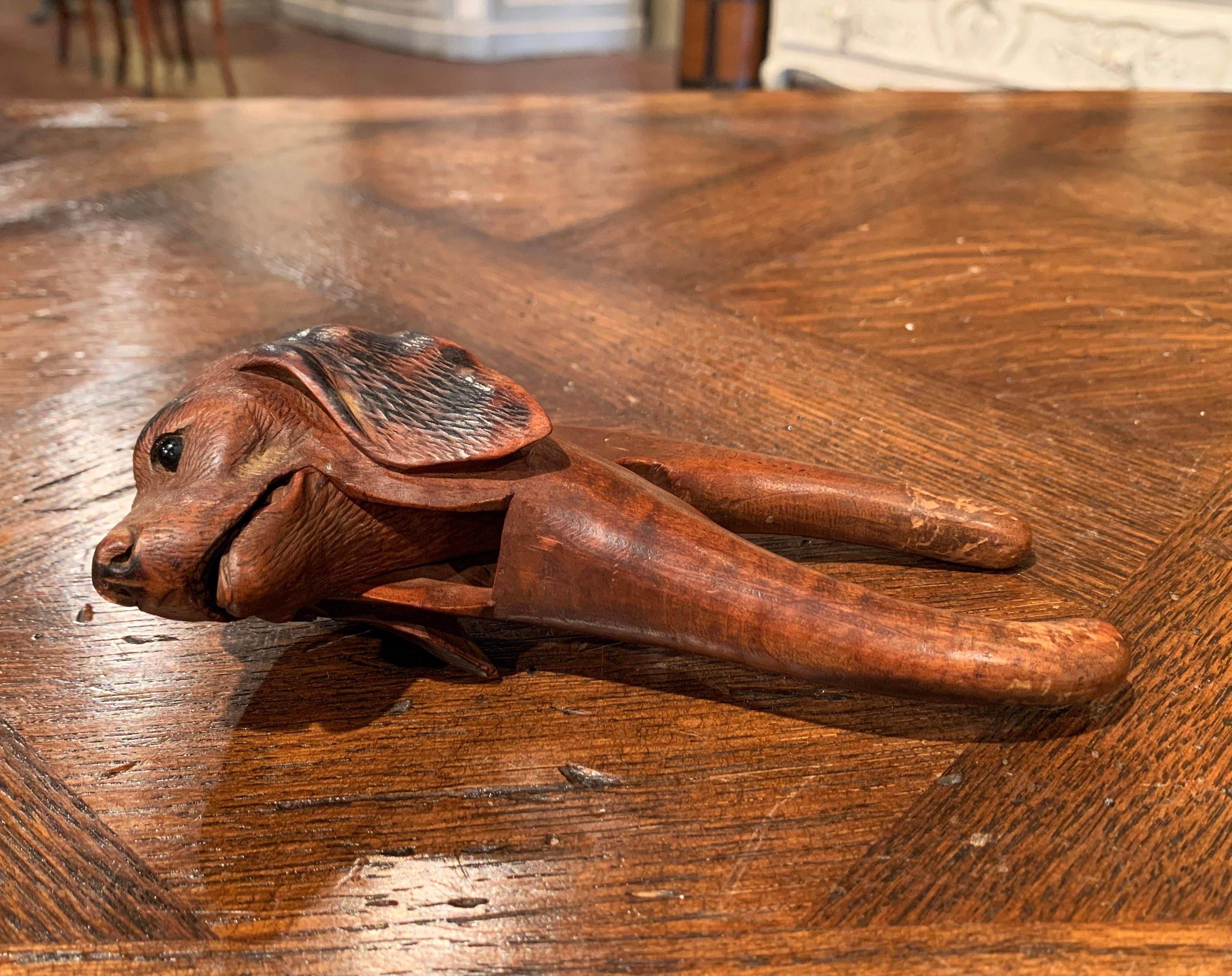 19th Century French Black Forest Carved Walnut Dog Nut Cracker with Glass Eyes 1