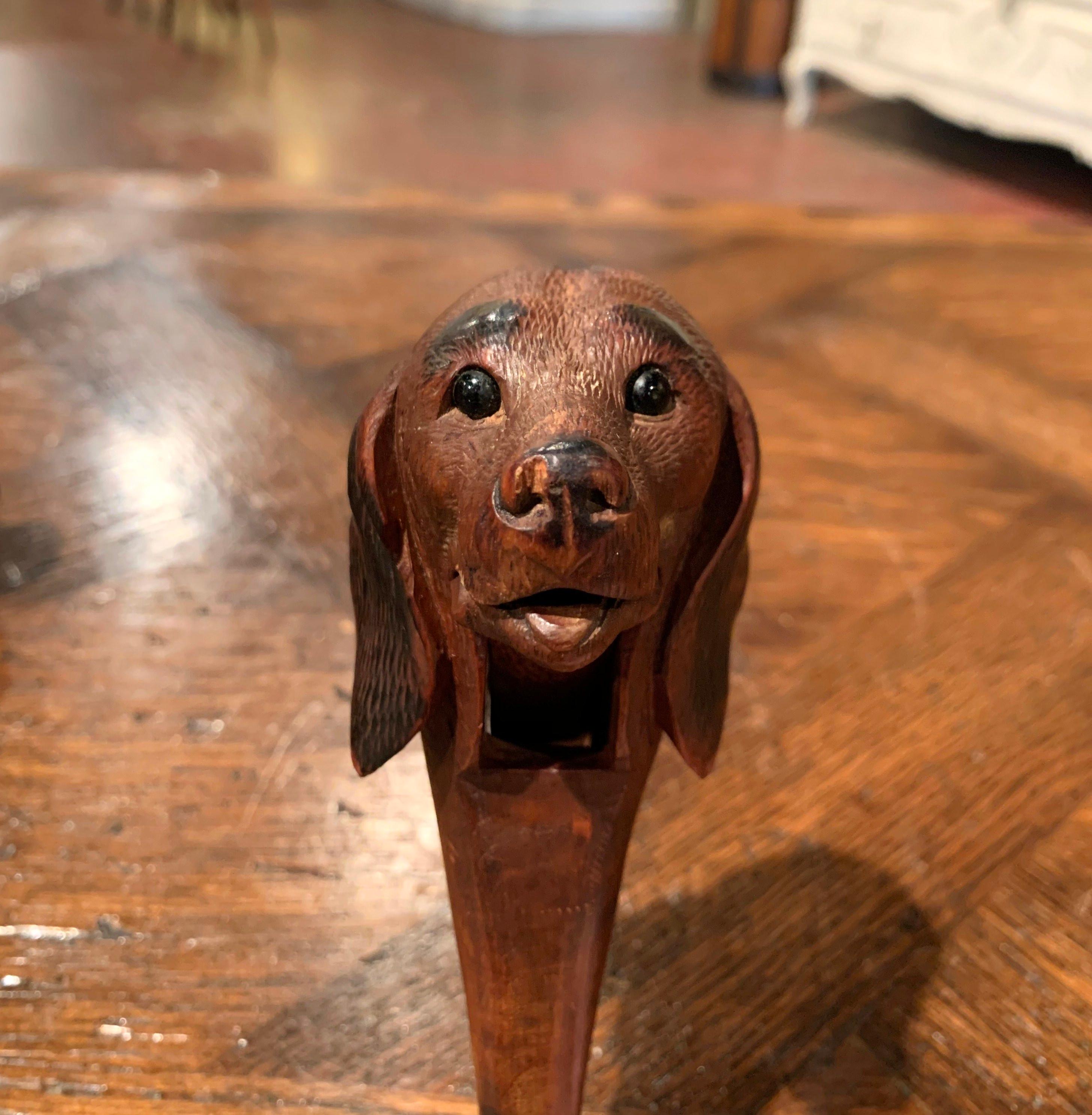 19th Century French Black Forest Carved Walnut Dog Nut Cracker with Glass Eyes 3