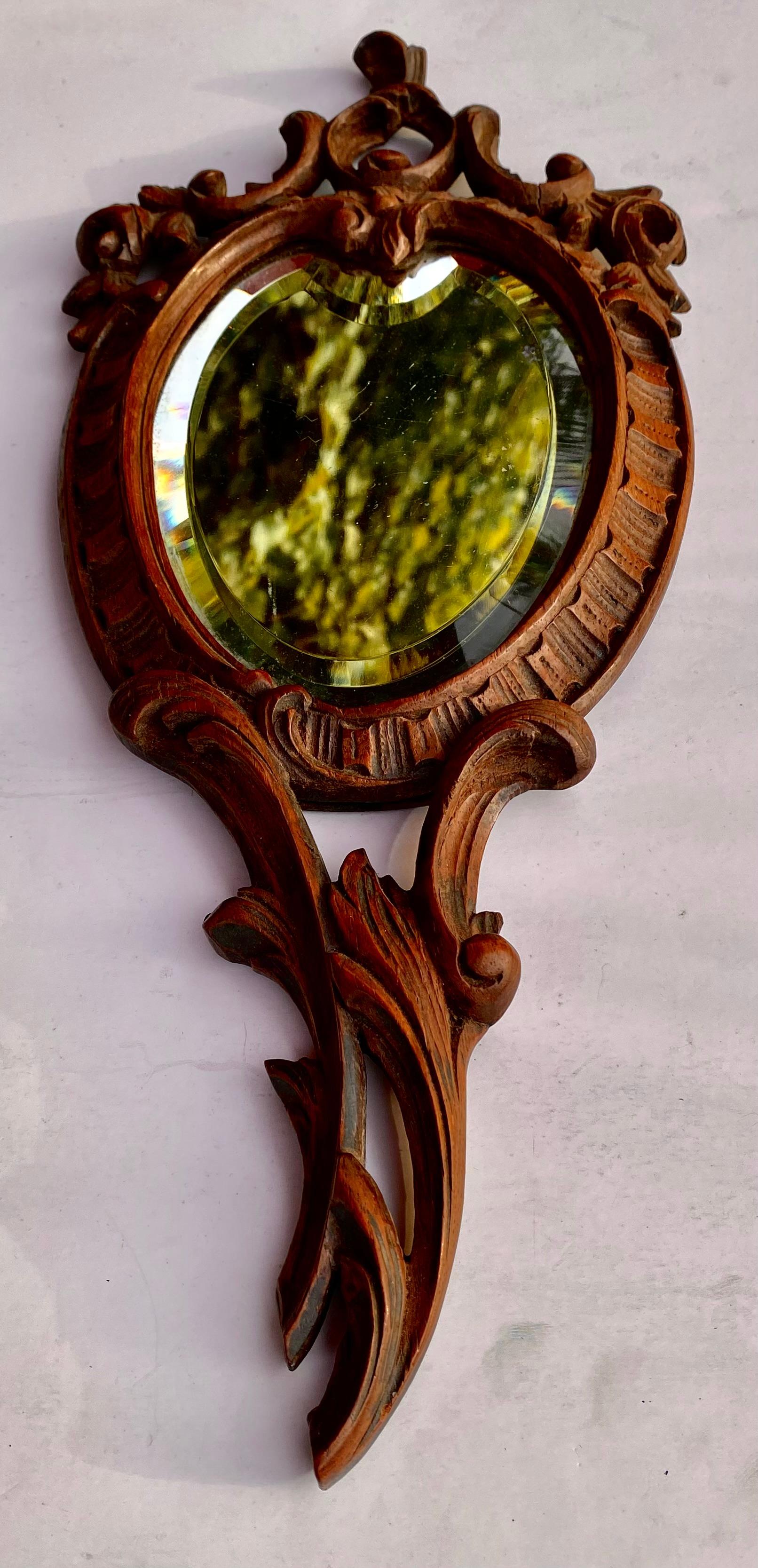 19th Century French Black Forest Carved Walnut Hand Mirror with Beveled Glass 6