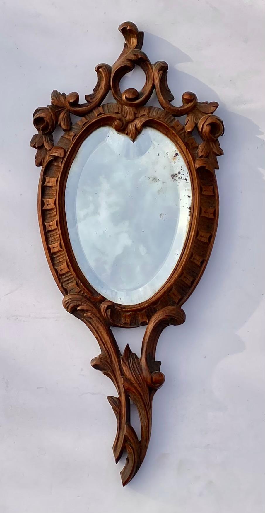 19th Century French Black Forest Carved Walnut Hand Mirror with Beveled Glass 8