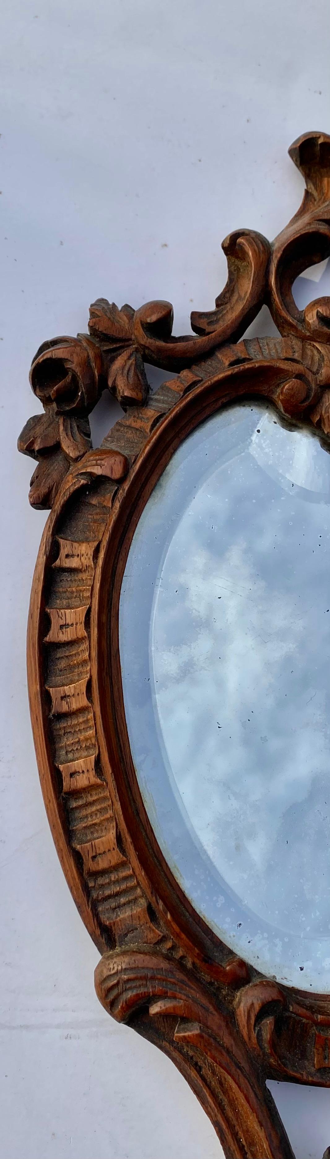 19th Century French Black Forest Carved Walnut Hand Mirror with Beveled Glass 3