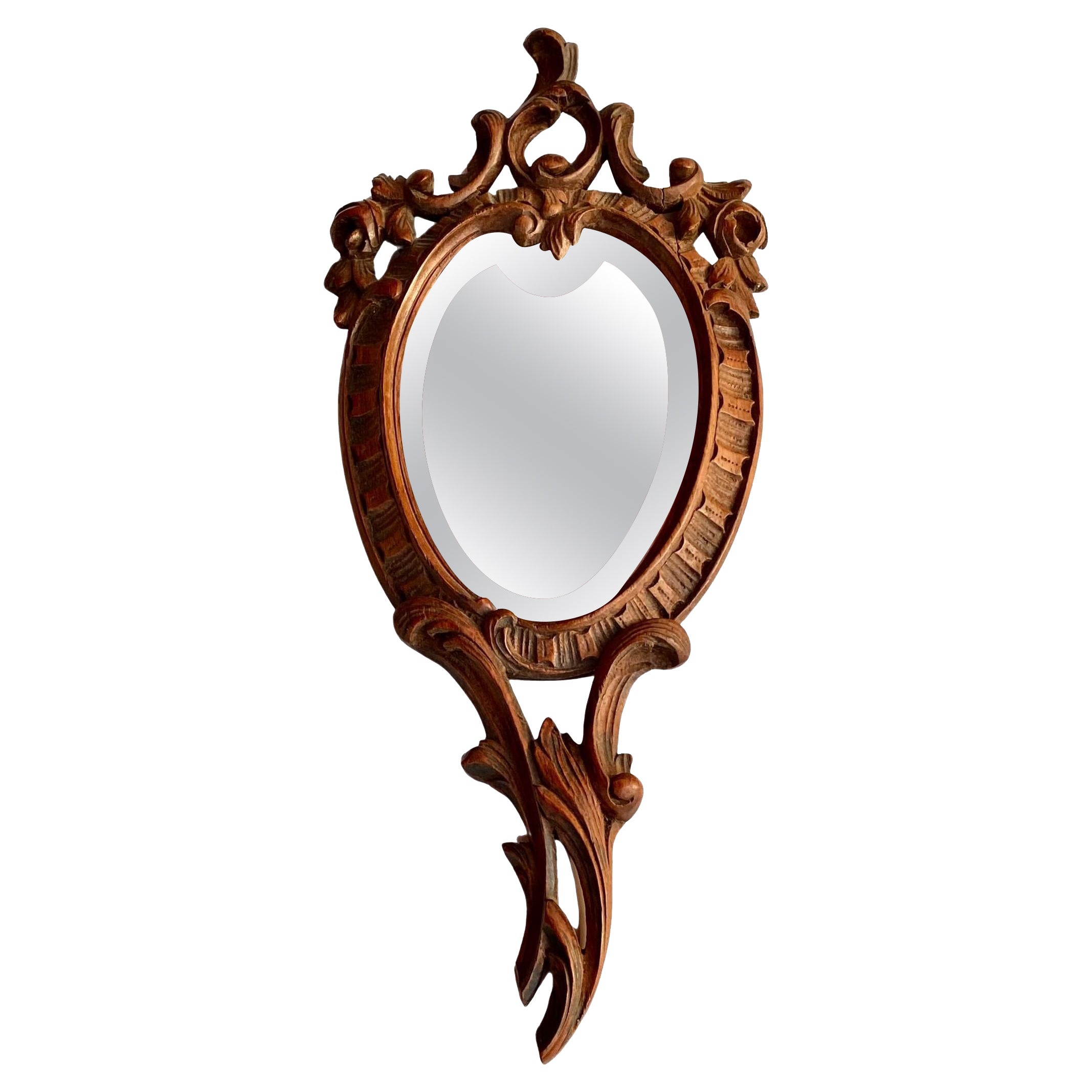 19th Century French Black Forest Carved Walnut Hand Mirror with Beveled Glass