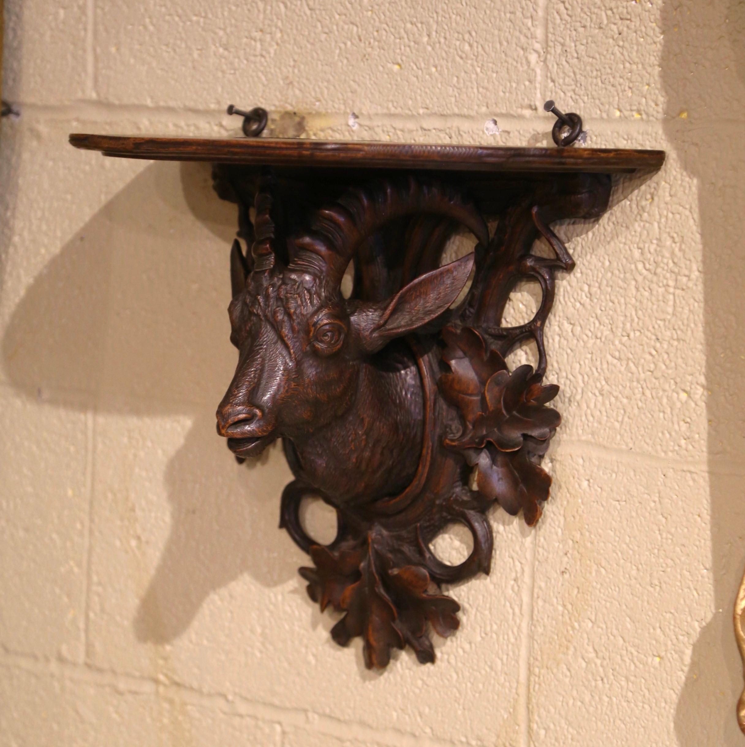 Hand-Carved 19th Century French Black Forest Carved Walnut Hanging Shelf with Deer Motif