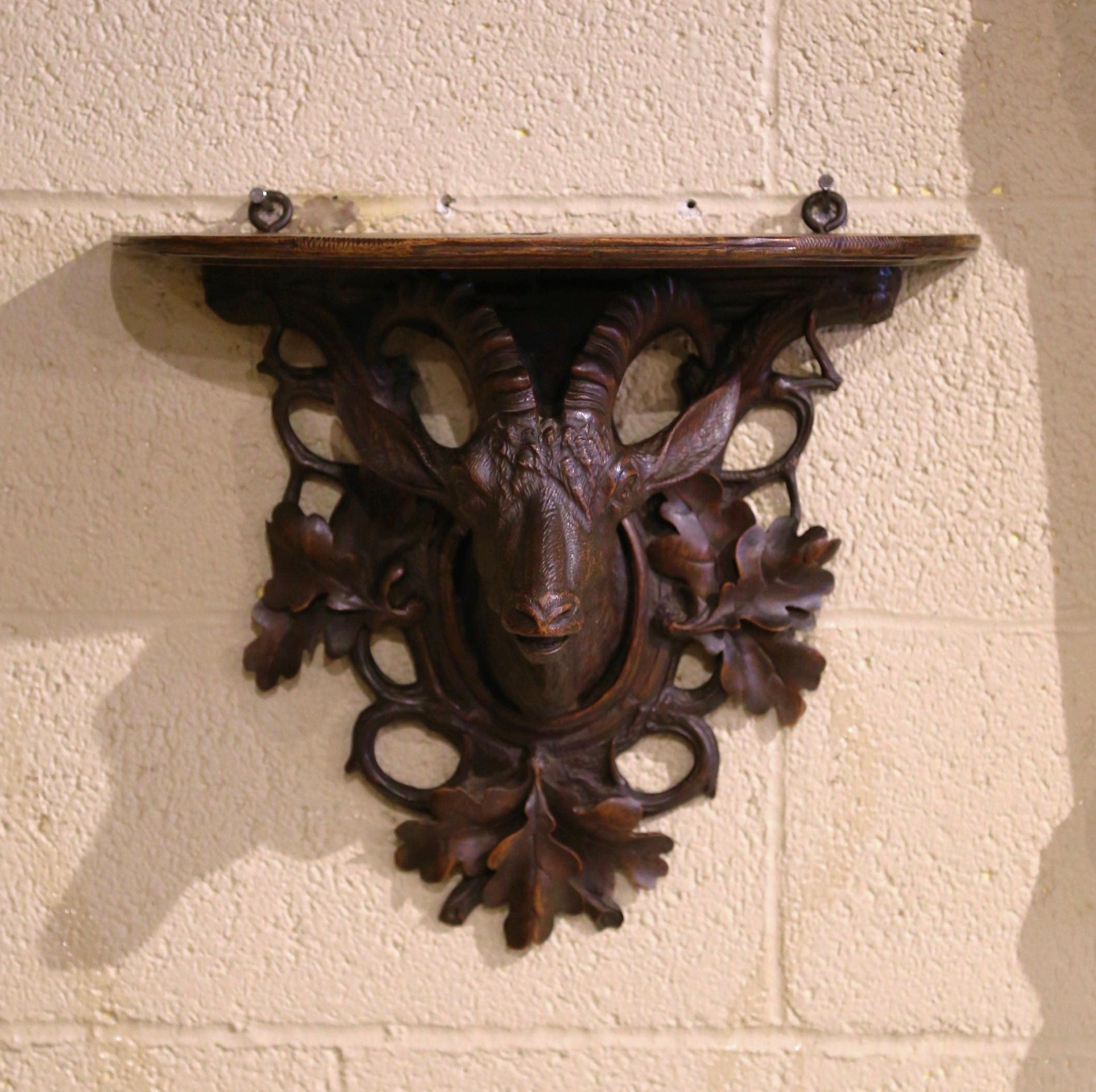 19th Century French Black Forest Carved Walnut Hanging Shelf with Deer Motif 1