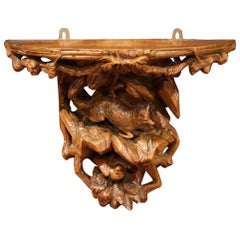 19th Century, French Black Forest Carved Walnut Hanging Shelf with Fox and Bird