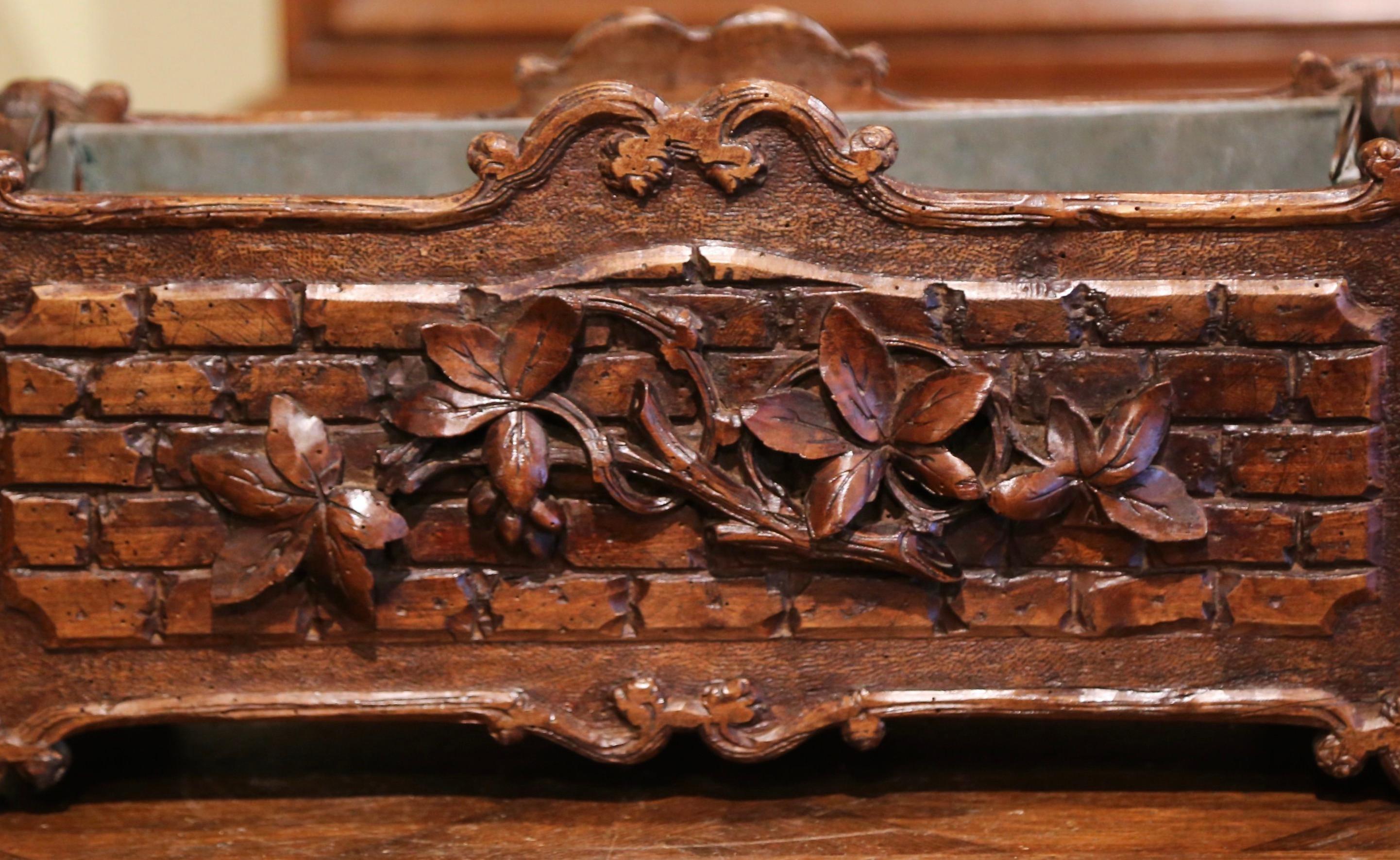 Hand-Carved 19th Century French Black Forest Carved Walnut Jardiniere with Floral Motif