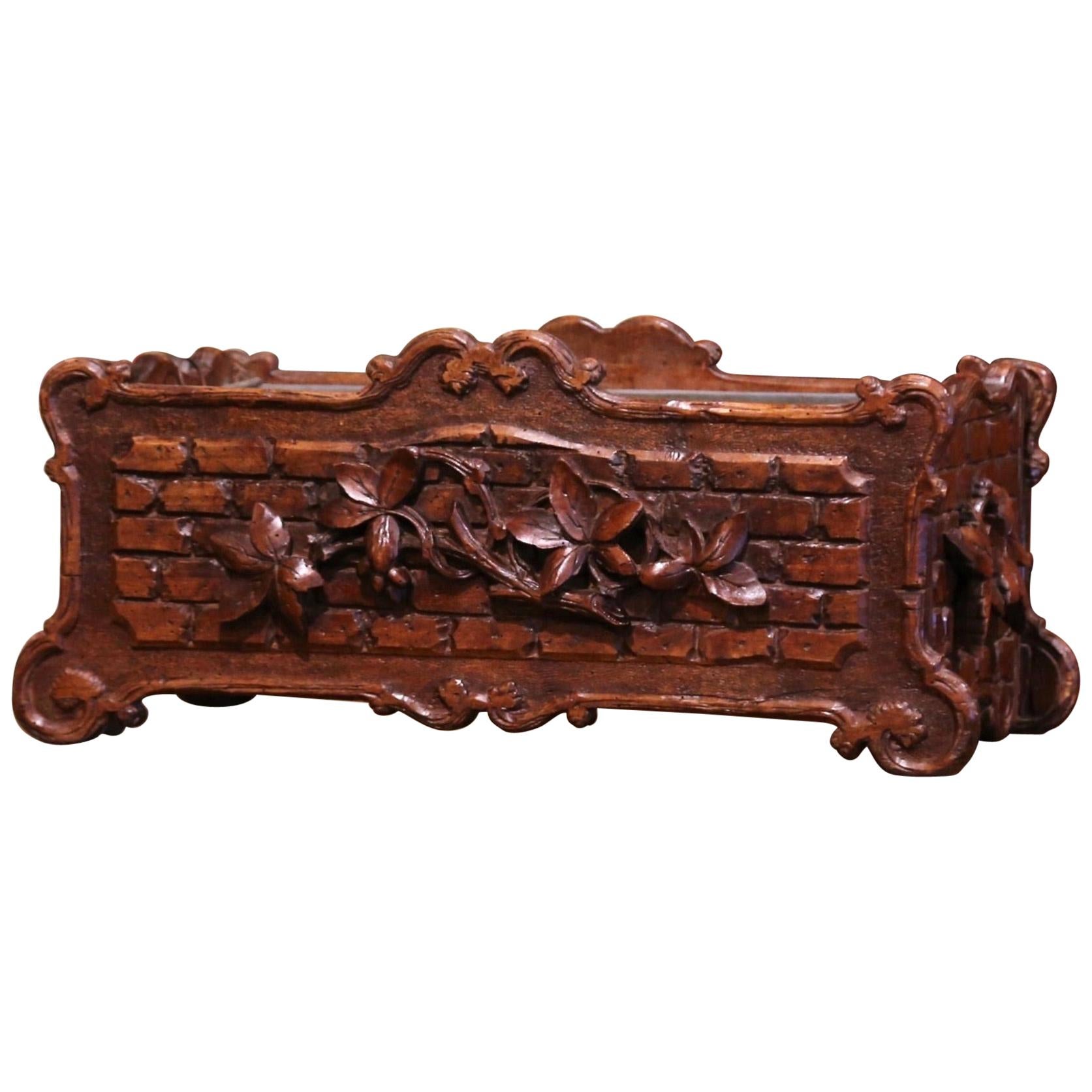 19th Century French Black Forest Carved Walnut Jardiniere with Floral Motif