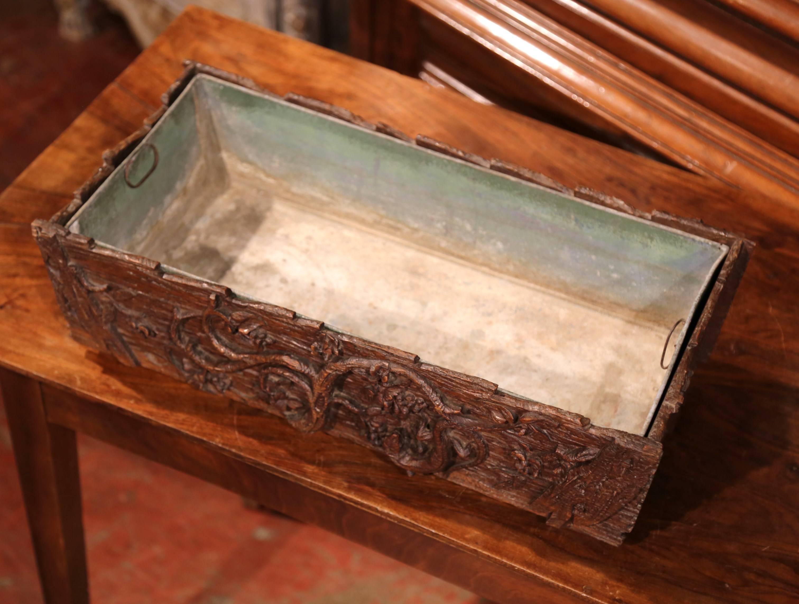 Hand-Carved 19th Century French Black Forest Carved Walnut Jardinière with Zinc Liner For Sale