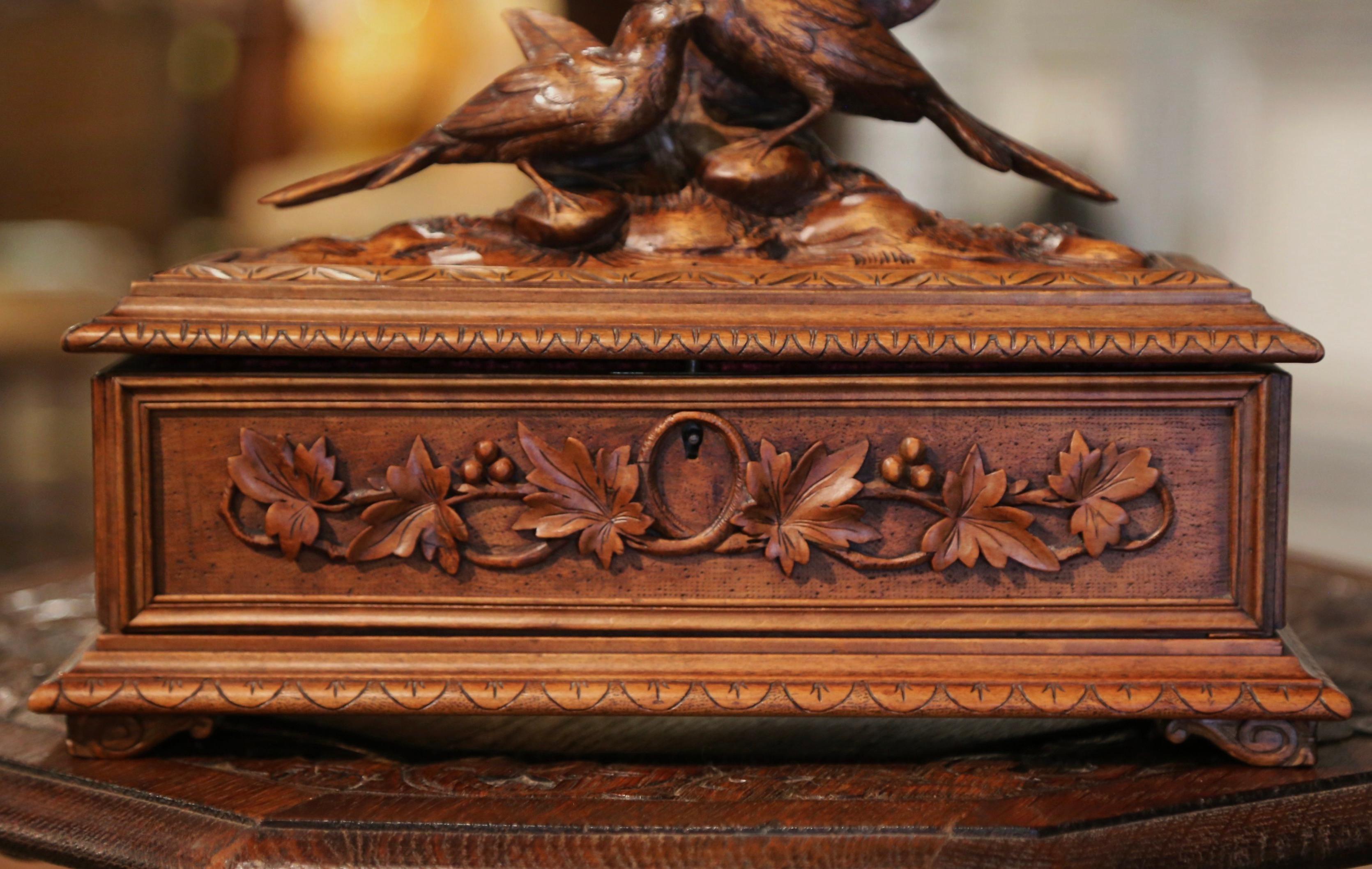 Hand-Carved 19th Century French Black Forest Carved Walnut Jewelry Box with Bird Motifs