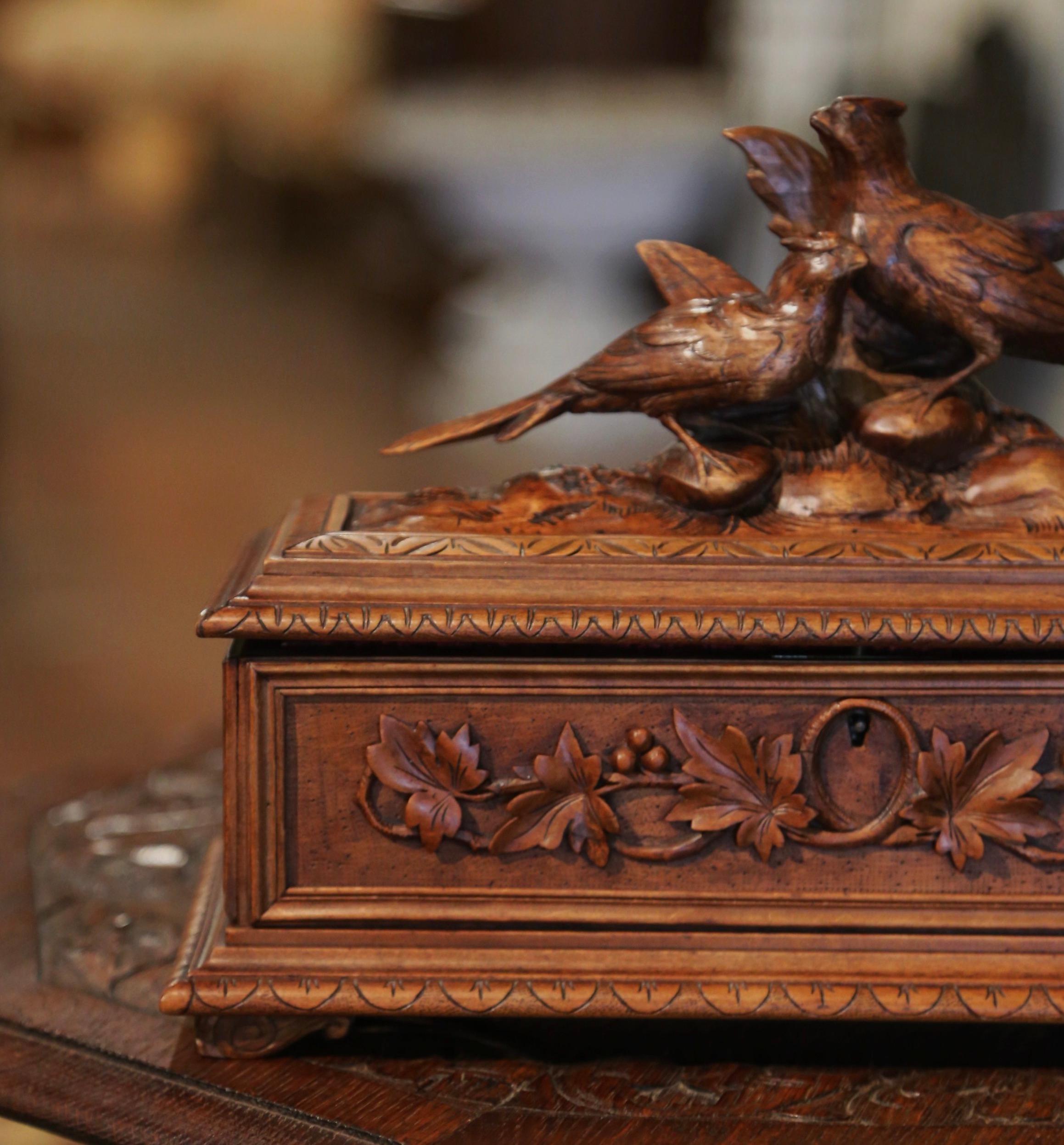 Velvet 19th Century French Black Forest Carved Walnut Jewelry Box with Bird Motifs