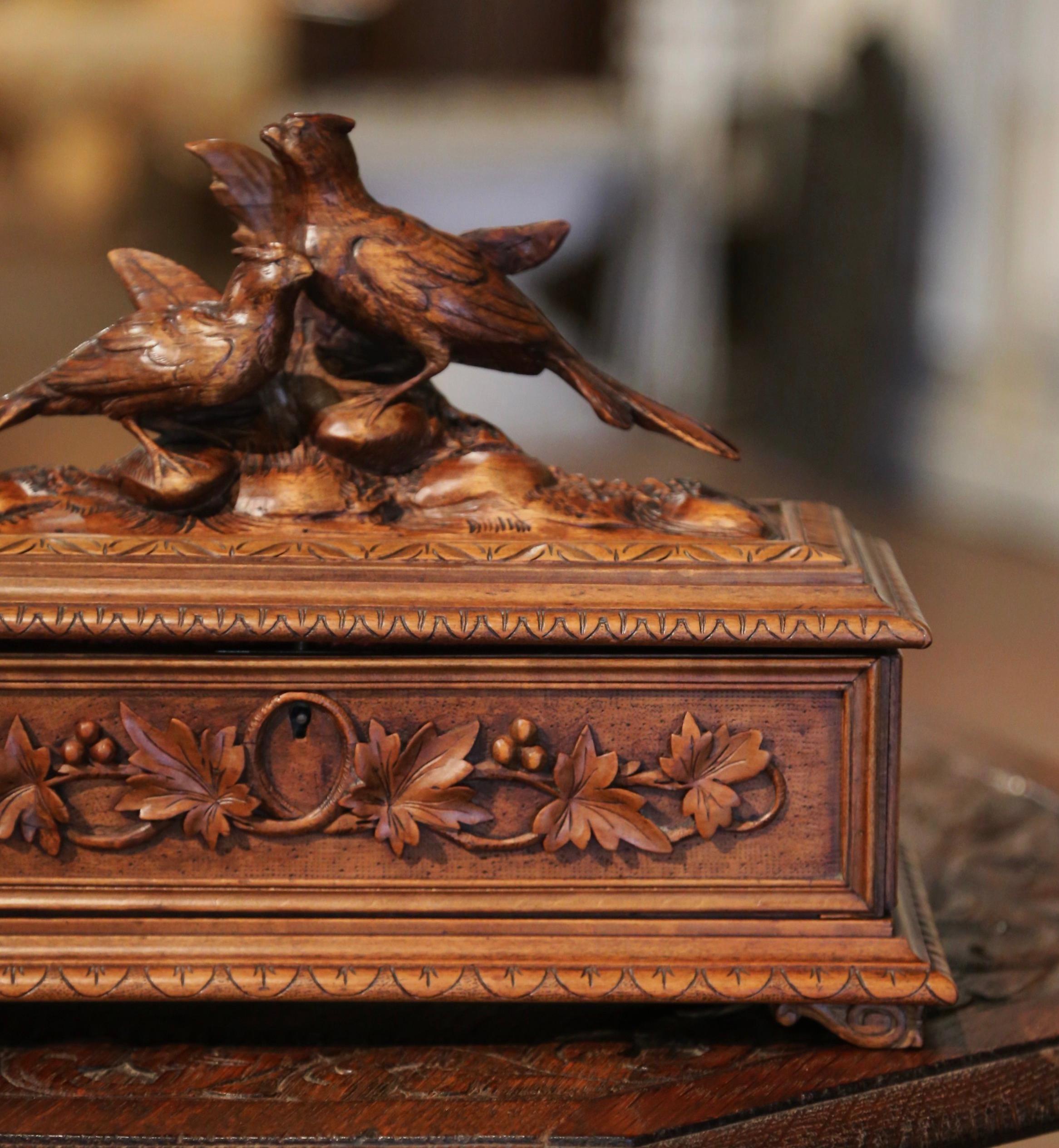 19th Century French Black Forest Carved Walnut Jewelry Box with Bird Motifs 1