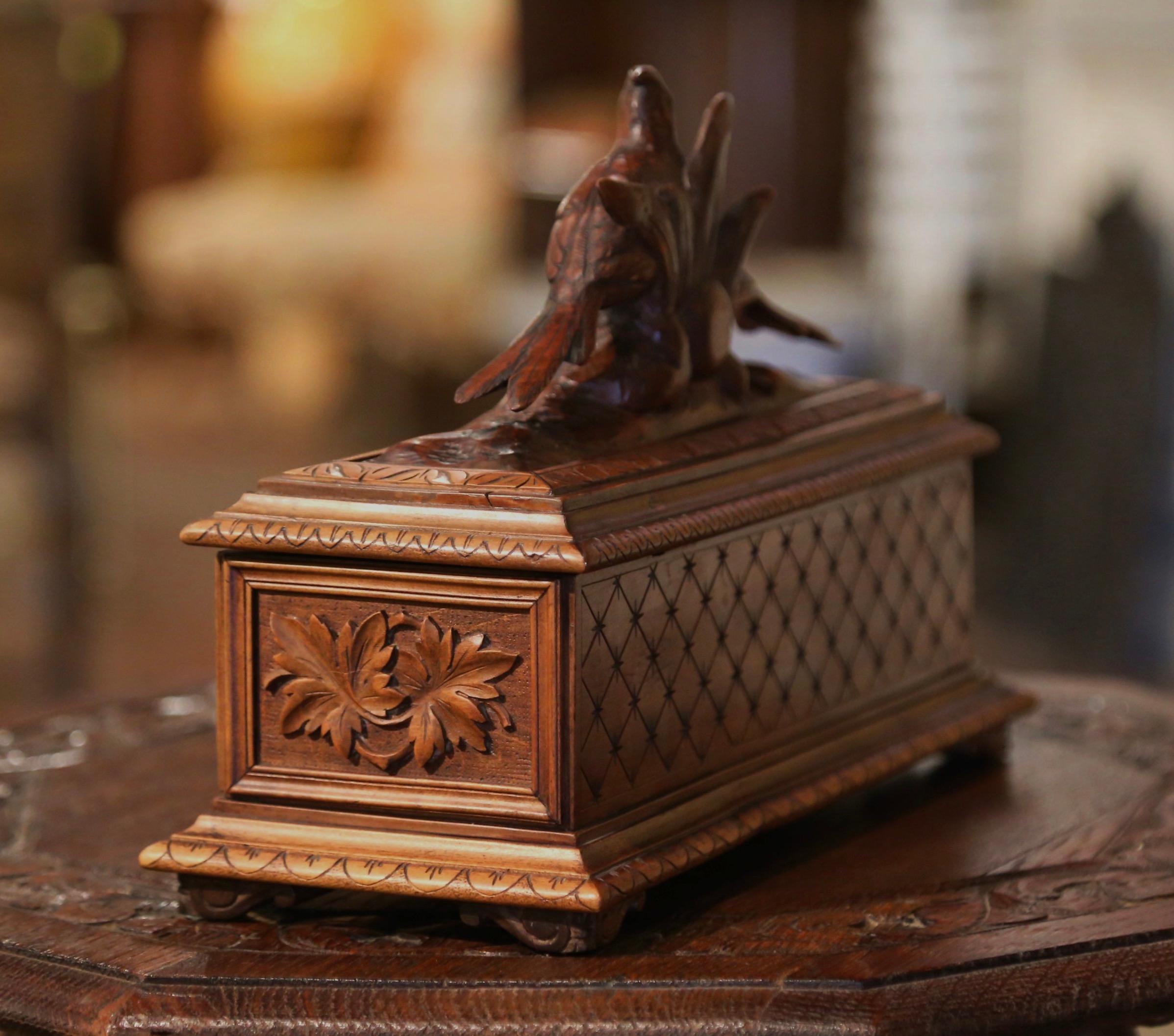 19th Century French Black Forest Carved Walnut Jewelry Box with Bird Motifs 2