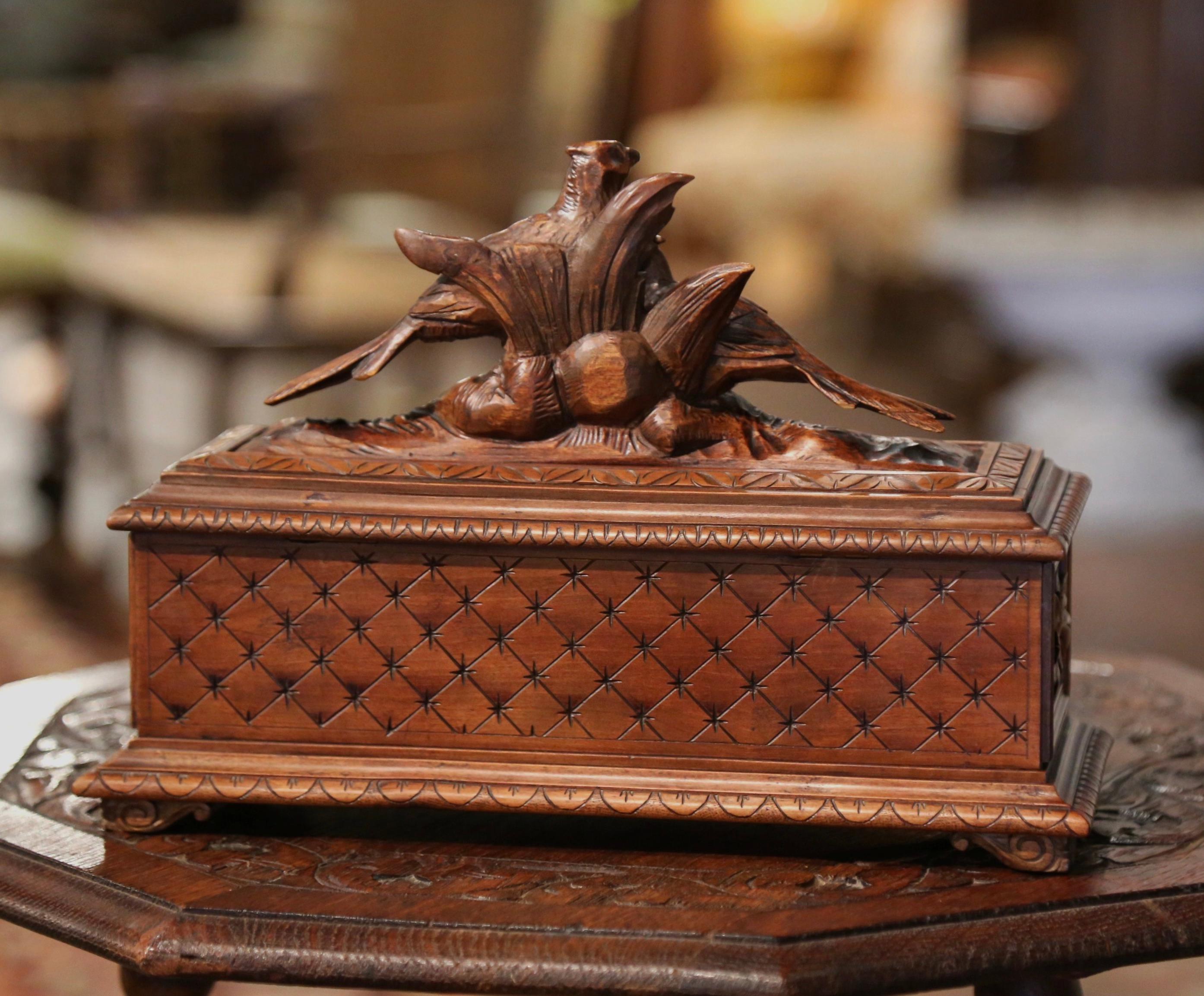 19th Century French Black Forest Carved Walnut Jewelry Box with Bird Motifs 3