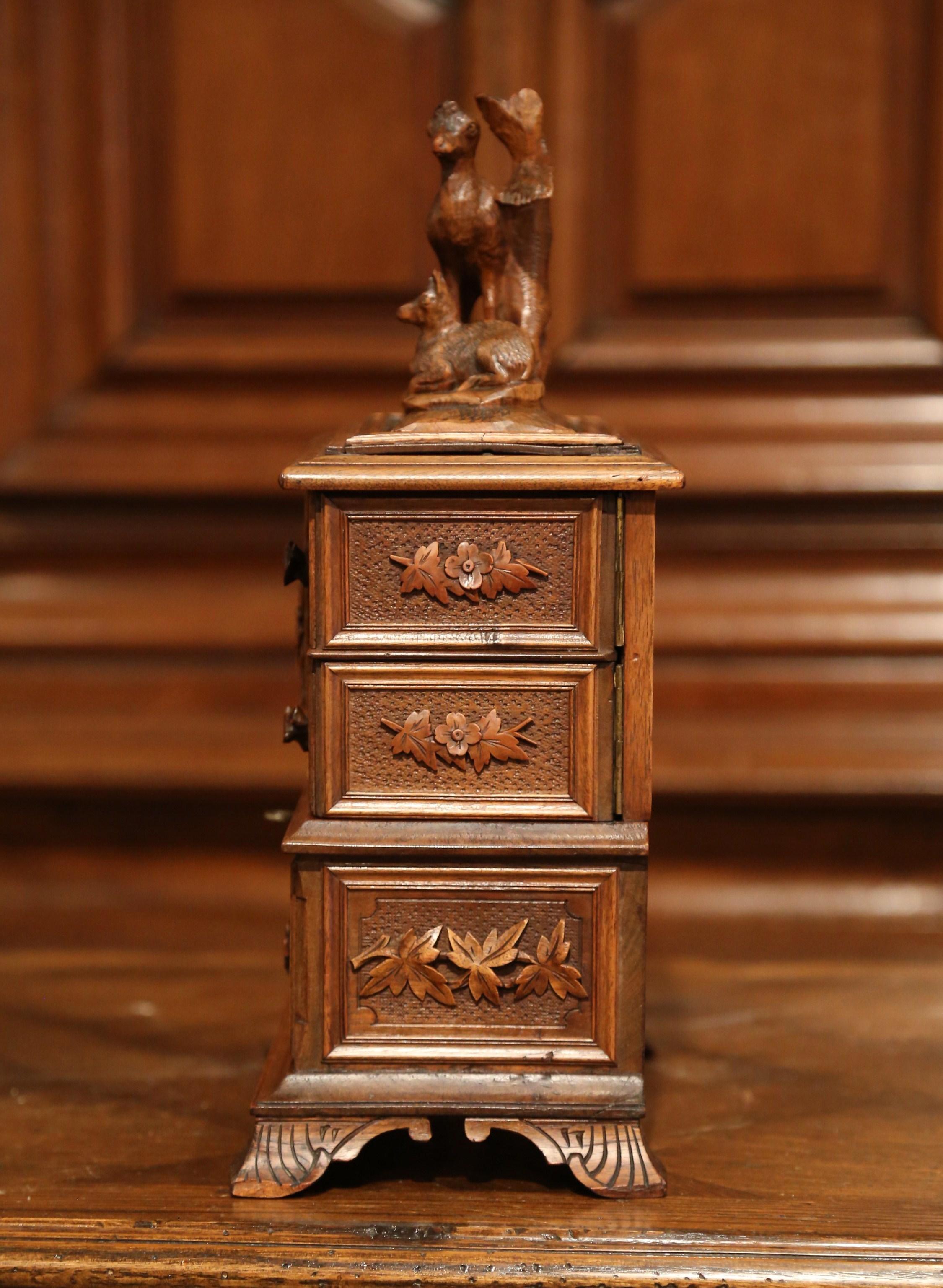 19th Century French Black Forest Carved Walnut Jewelry Box with Deer and Drawers 7