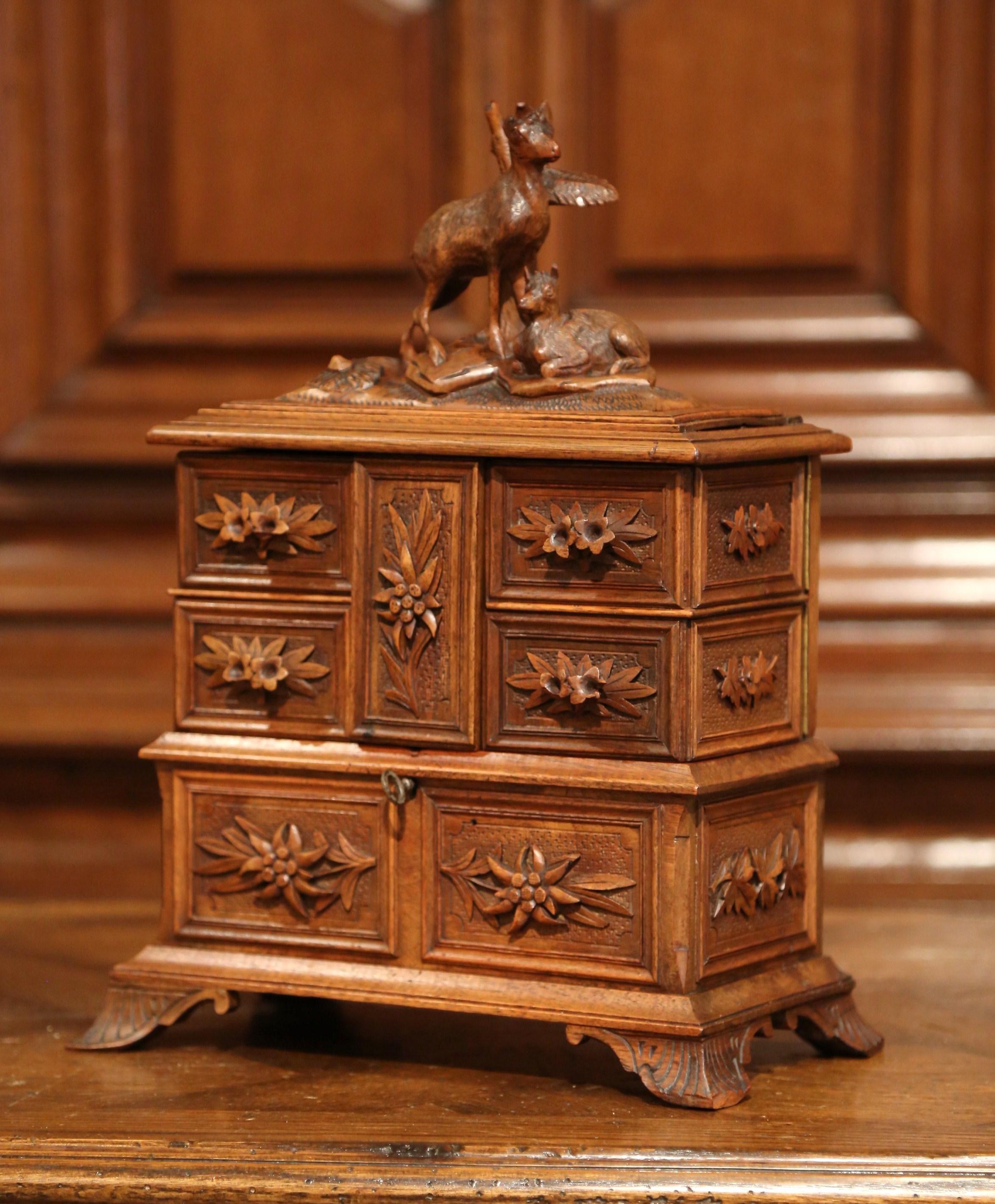 Hand-Carved 19th Century French Black Forest Carved Walnut Jewelry Box with Deer and Drawers
