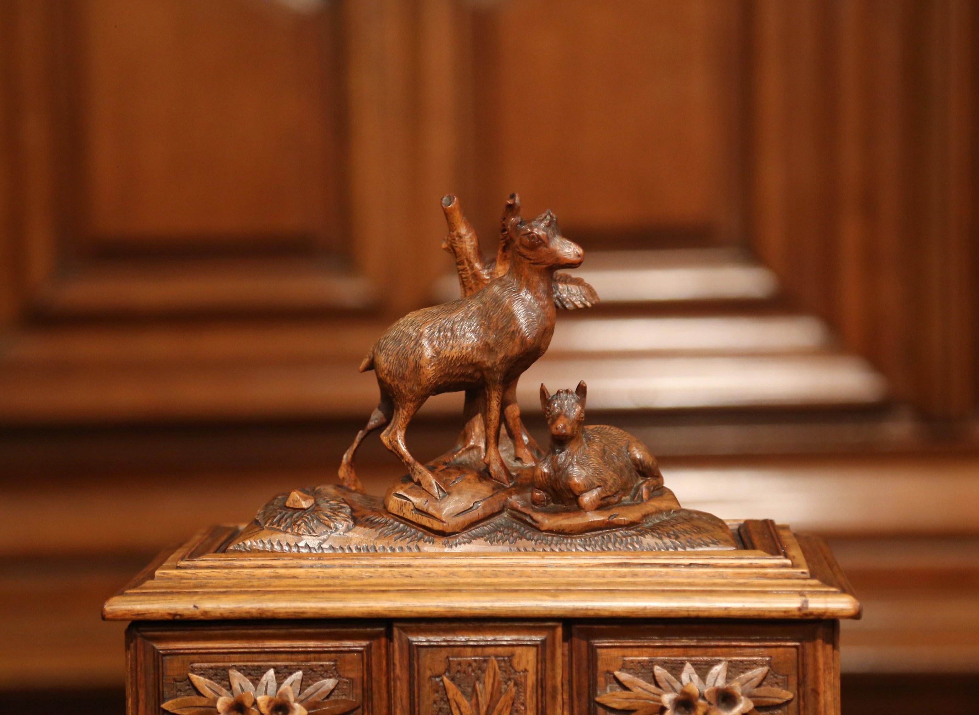 19th Century French Black Forest Carved Walnut Jewelry Box with Deer and Drawers In Excellent Condition In Dallas, TX