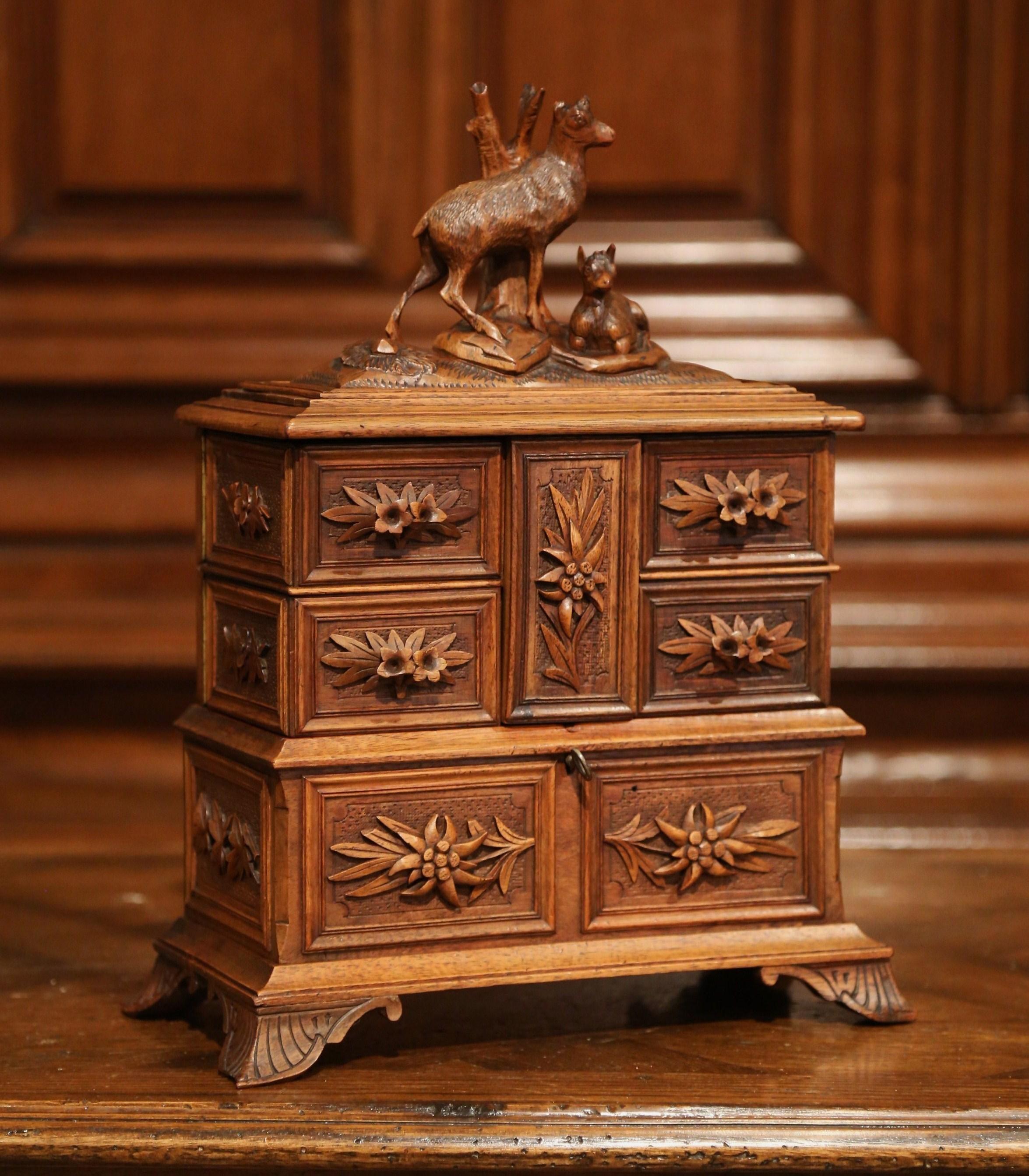 Silk 19th Century French Black Forest Carved Walnut Jewelry Box with Deer and Drawers