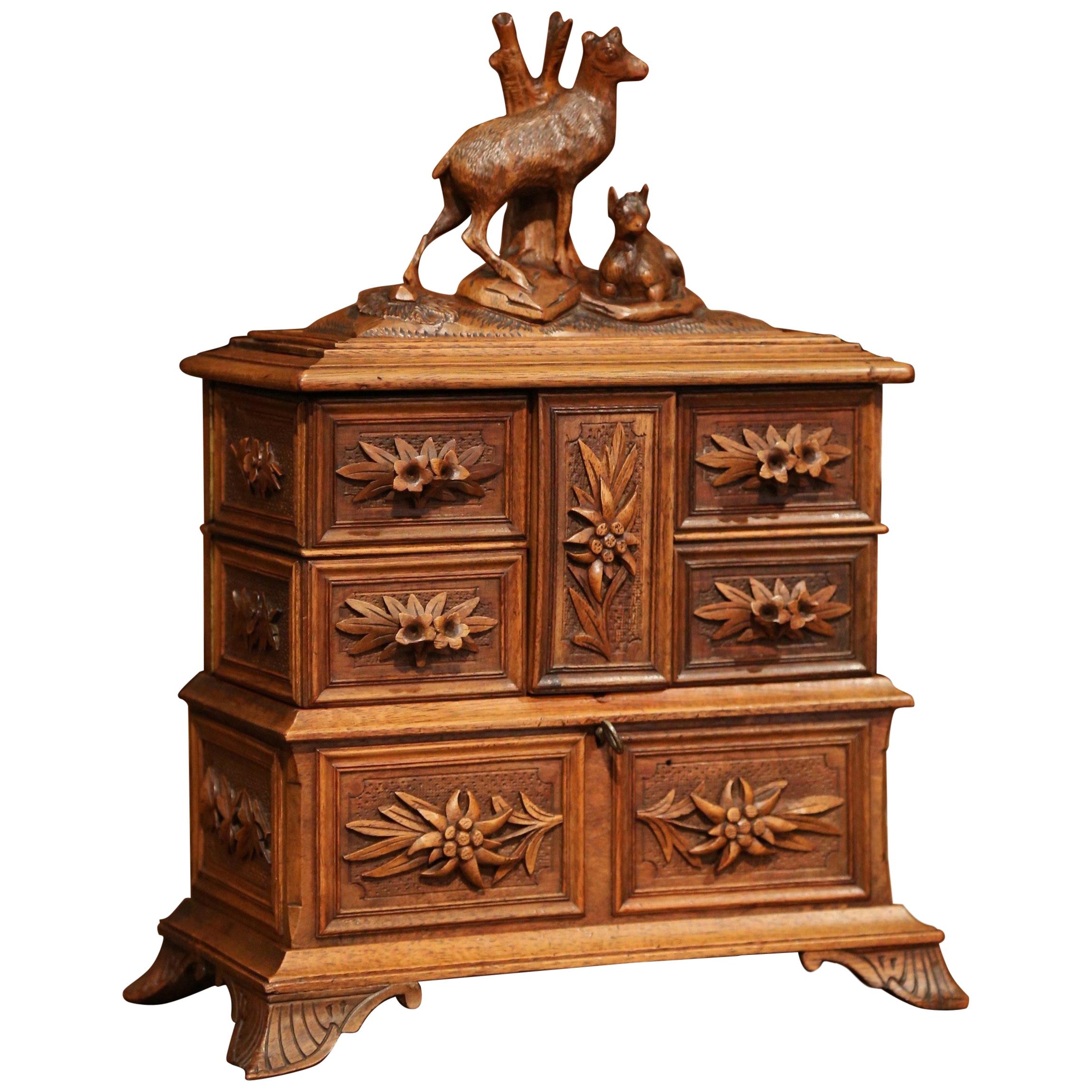 19th Century French Black Forest Carved Walnut Jewelry Box with Deer and Drawers