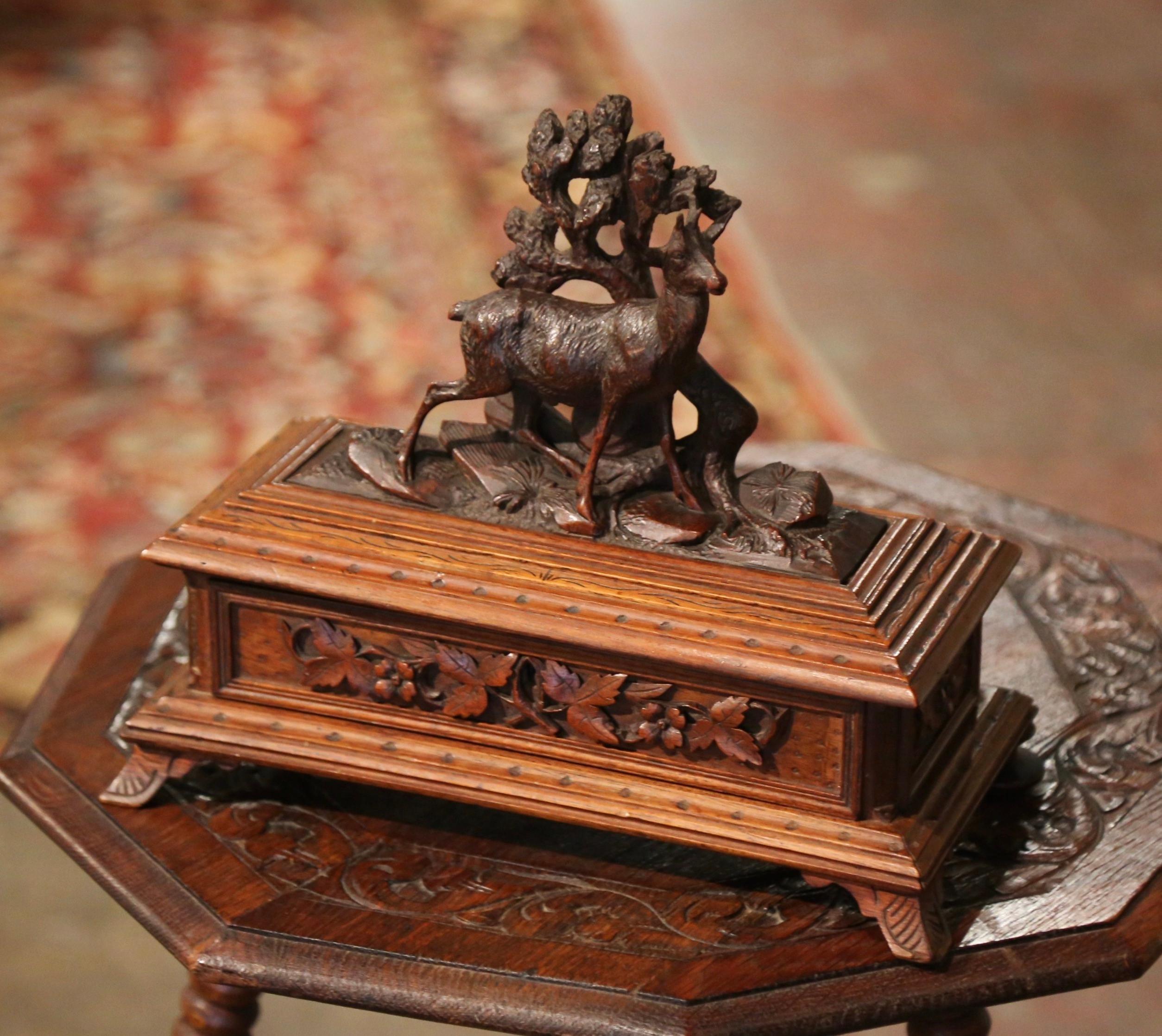 Hand-Carved 19th Century French Black Forest Carved Walnut Jewelry Box with Deer Motifs
