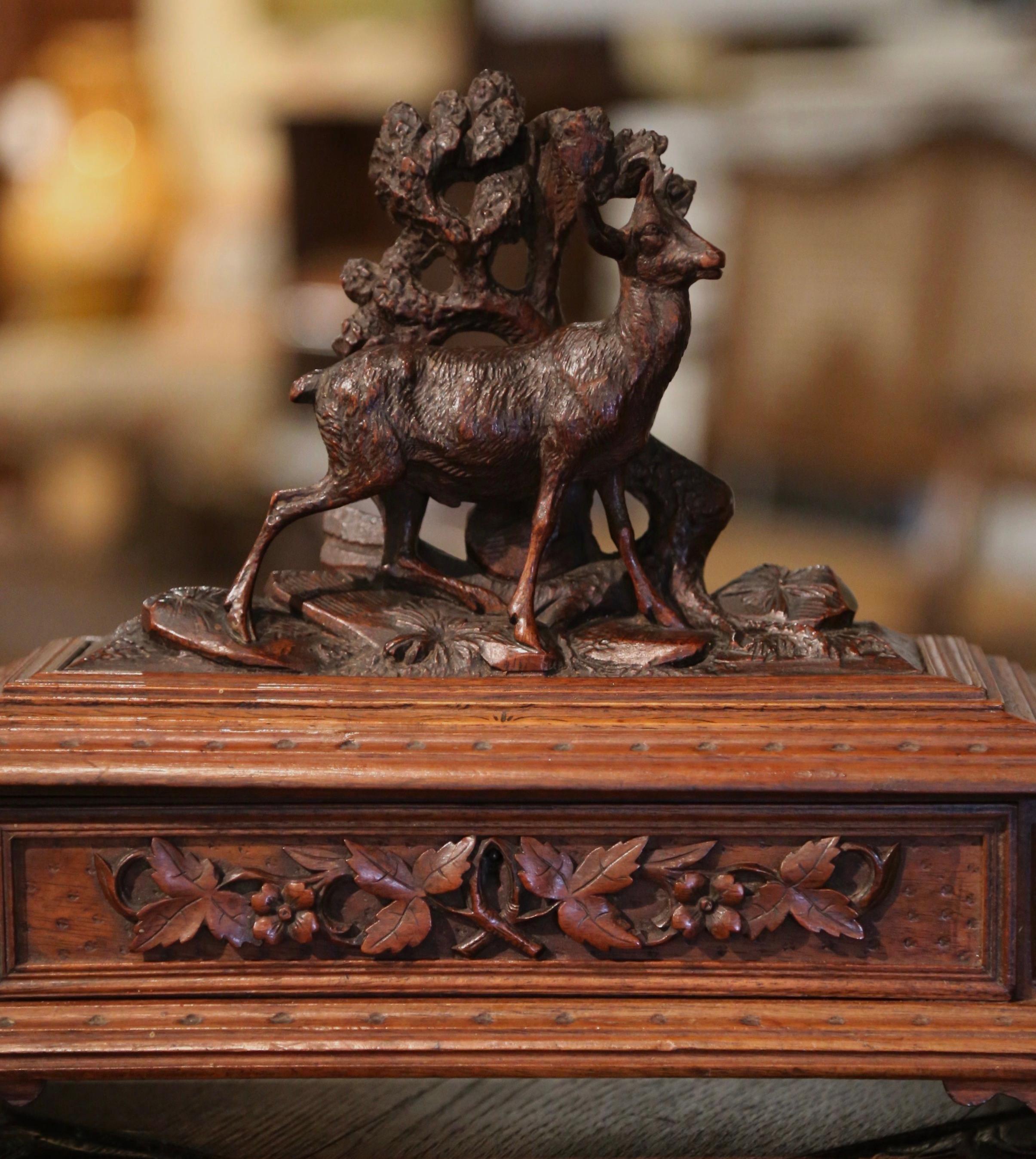 19th Century French Black Forest Carved Walnut Jewelry Box with Deer Motifs 1