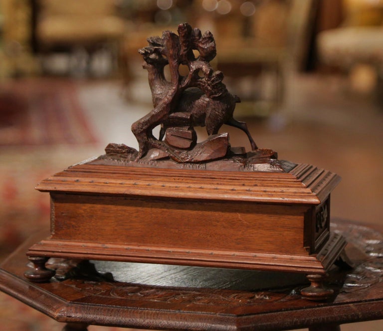 19th Century French Black Forest Carved Walnut Jewelry Box with Deer Motifs For Sale 2