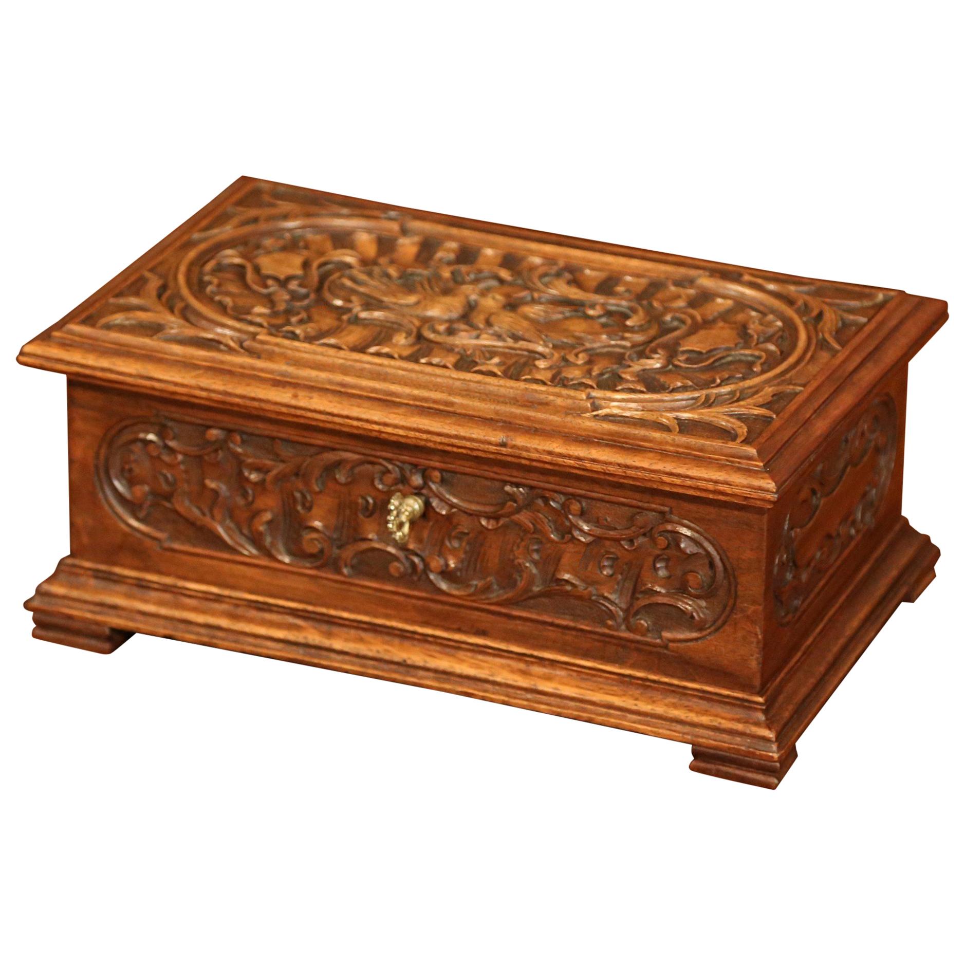 19th Century French Black Forest Carved Walnut Jewelry Box with Loving Birds