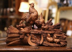 19th Century French Black Forest Carved Walnut Jewelry Box with Rooster Family