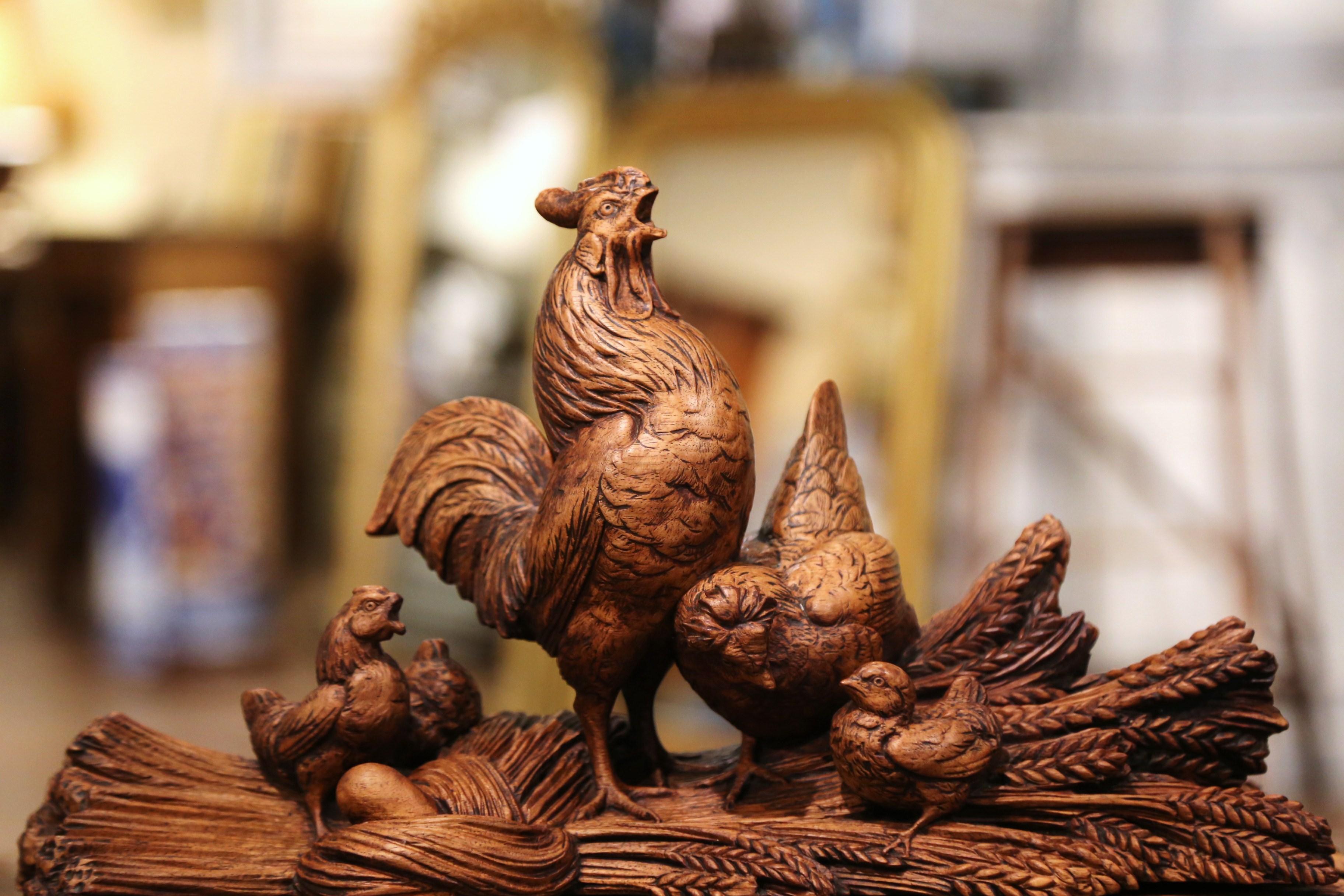 Hand-Carved 19th Century French Black Forest Carved Walnut Jewelry Box with Rooster Family