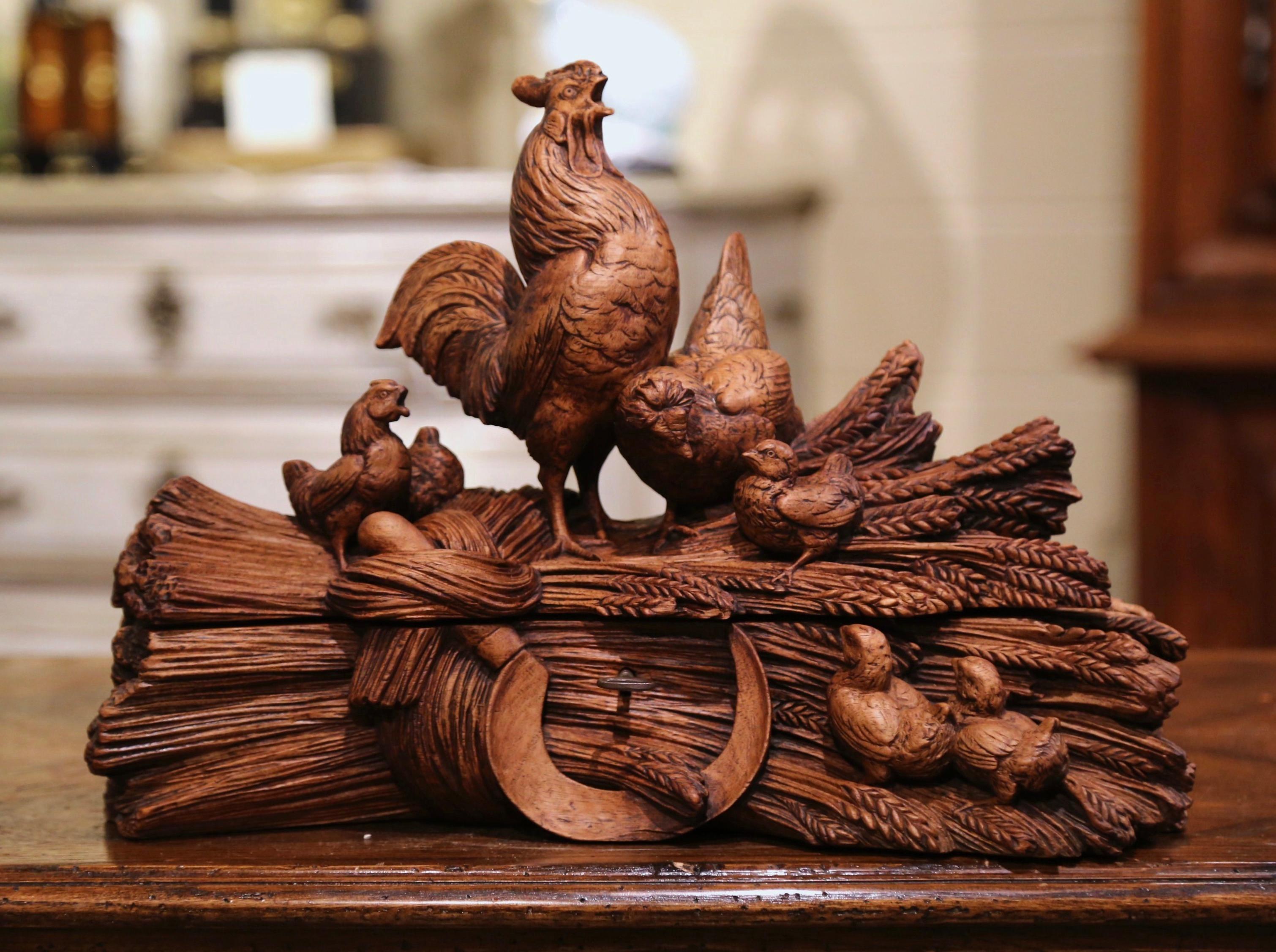 19th Century French Black Forest Carved Walnut Jewelry Box with Rooster Family In Excellent Condition In Dallas, TX
