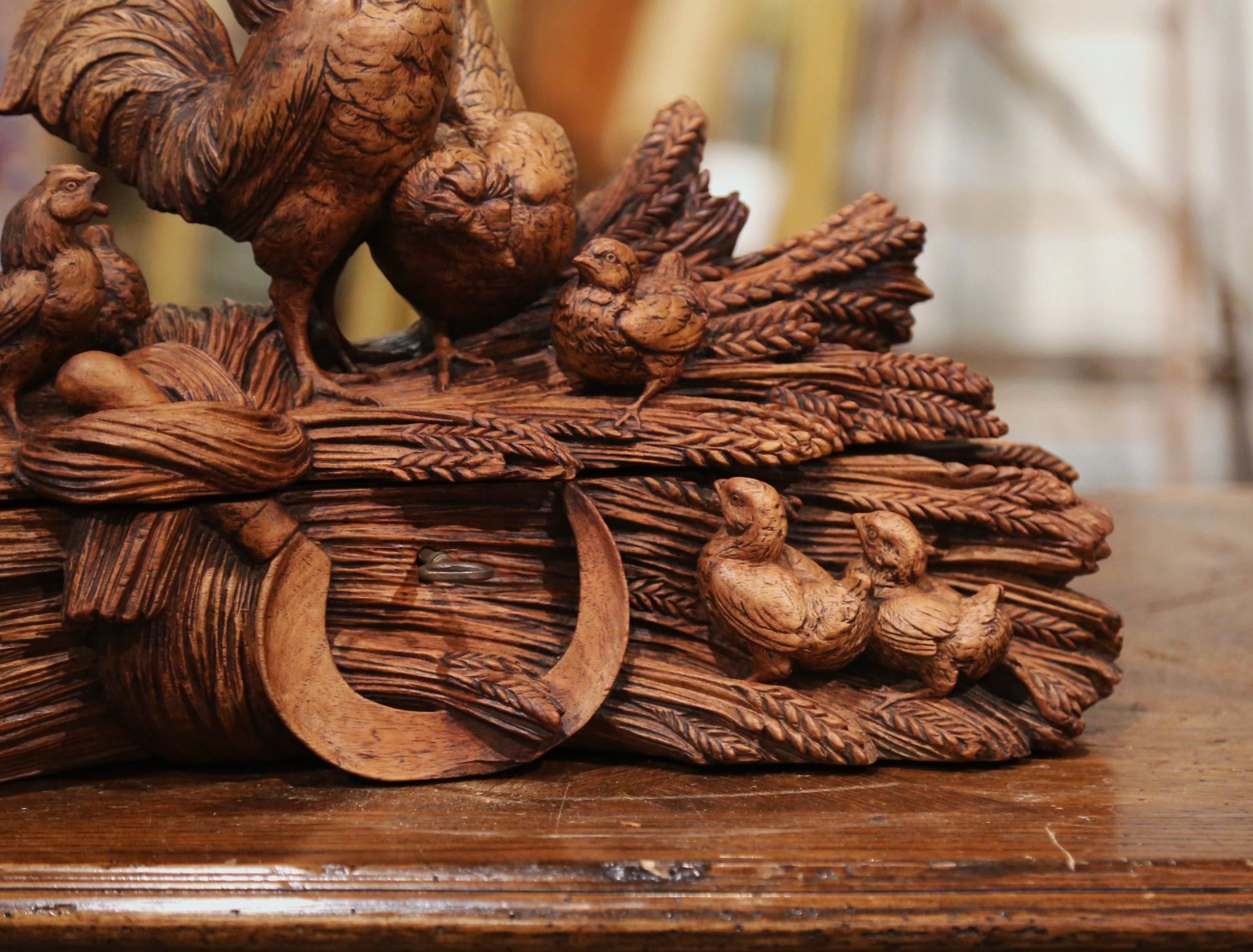 19th Century French Black Forest Carved Walnut Jewelry Box with Rooster Family 1